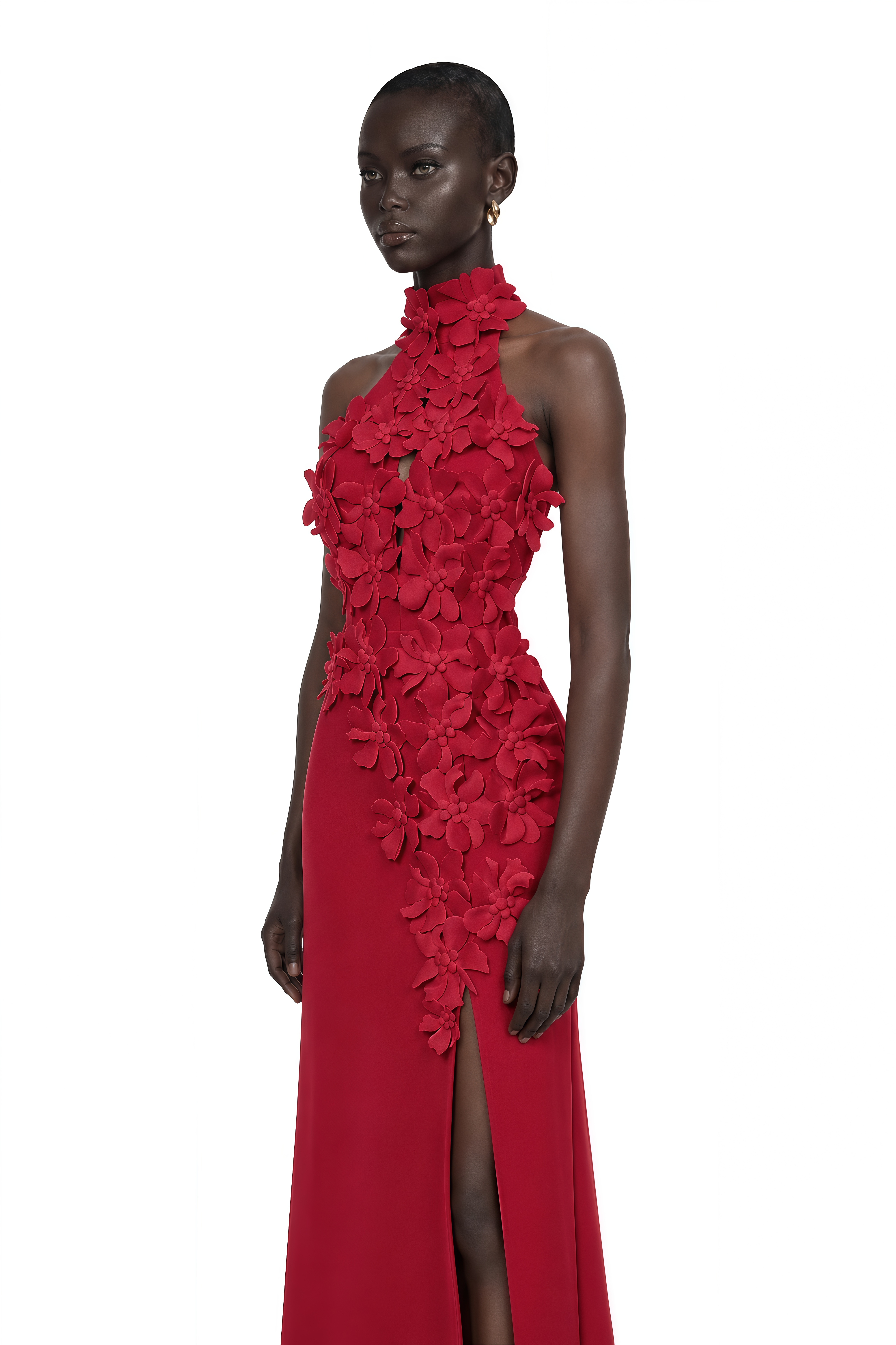 Brian Red Halterneck 3D Petal Maxi Dress