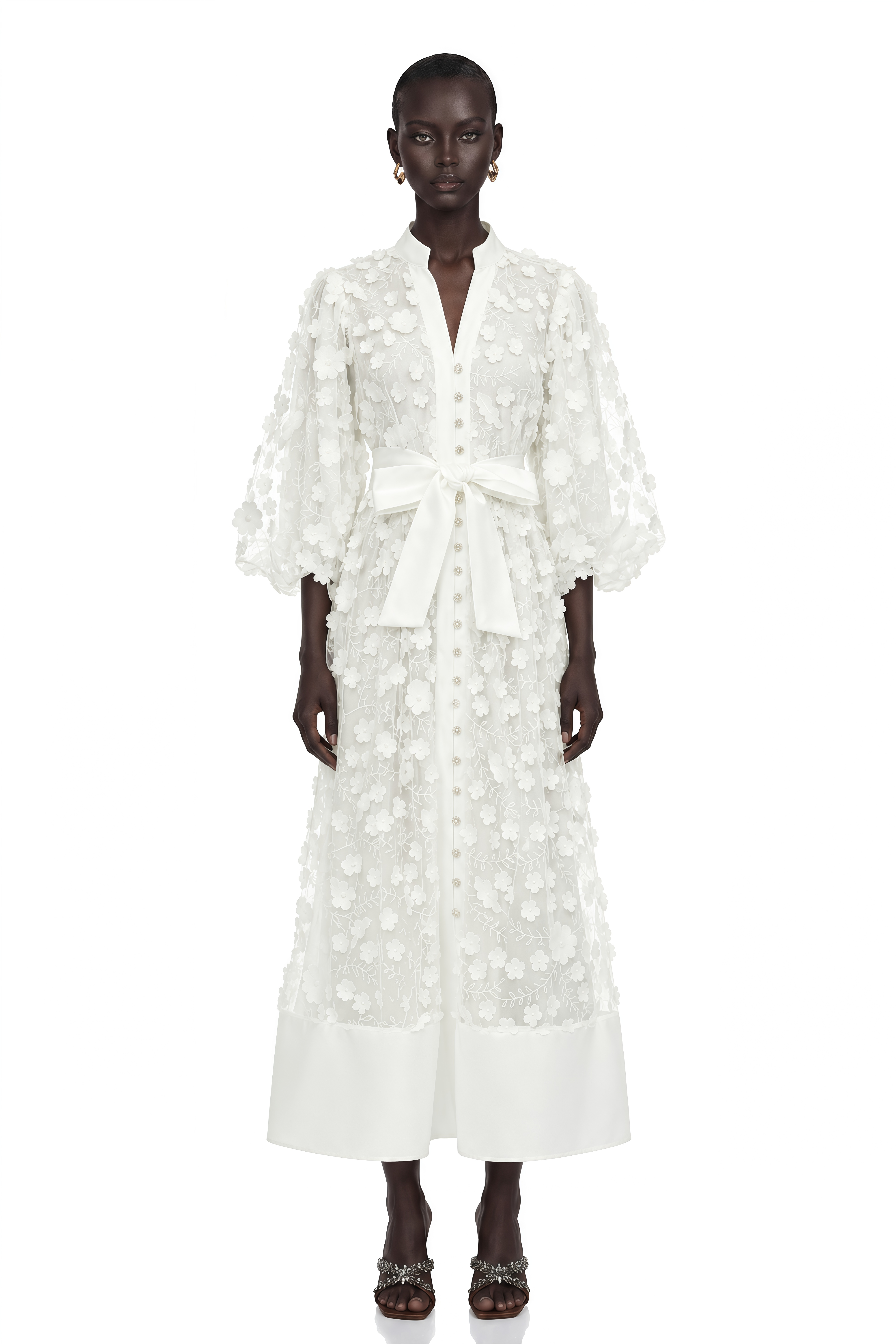 Olympia White Puff Sleeve Midi Dress with 3D Florals