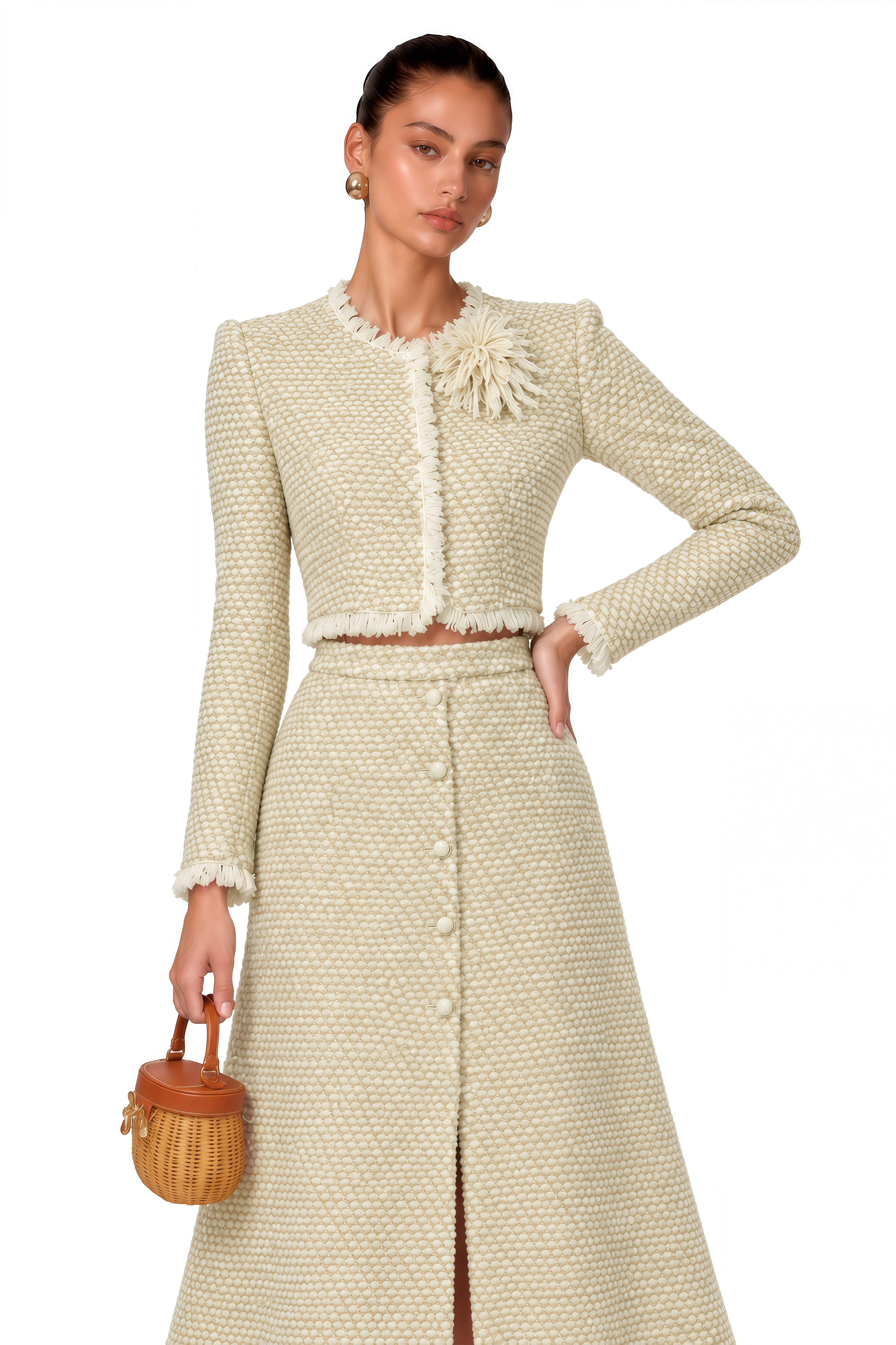 Briony Beige Tweed Jacket & Skirt Set with Fringe