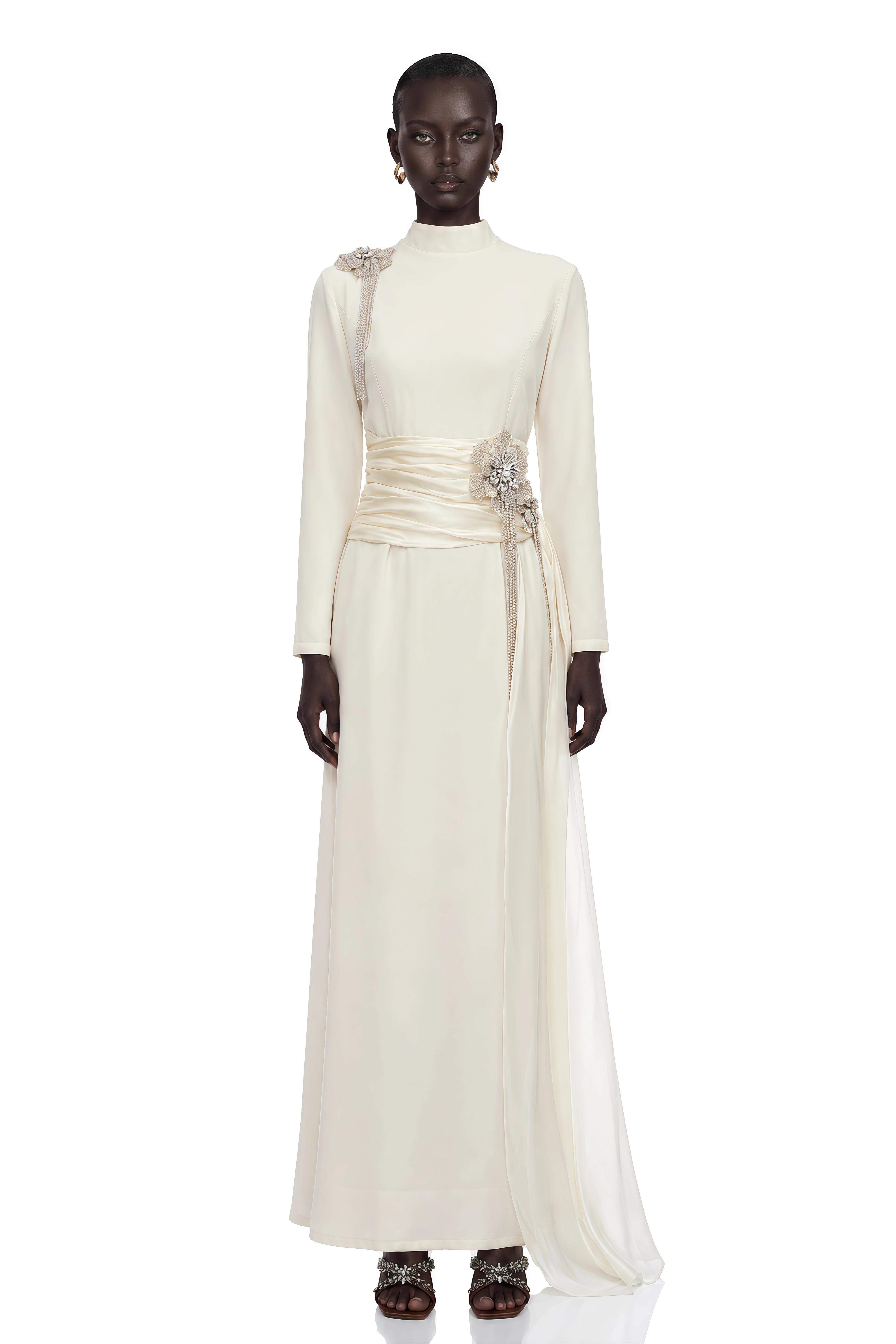 Marguerite Off White Embellished Ribbon Maxi Dress