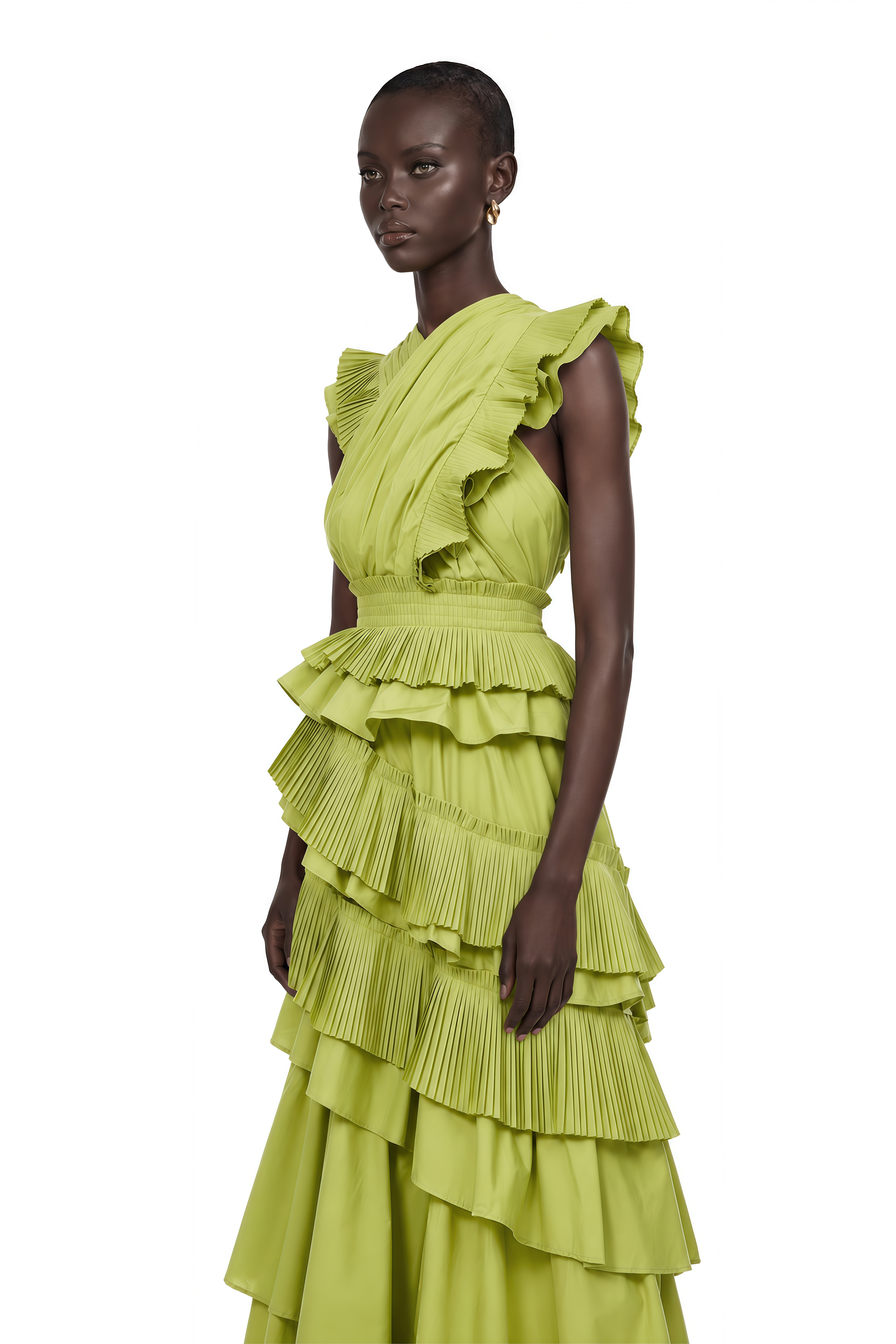 Raffaella Green Asymmetrical Ruffled Tiered Midi Dress