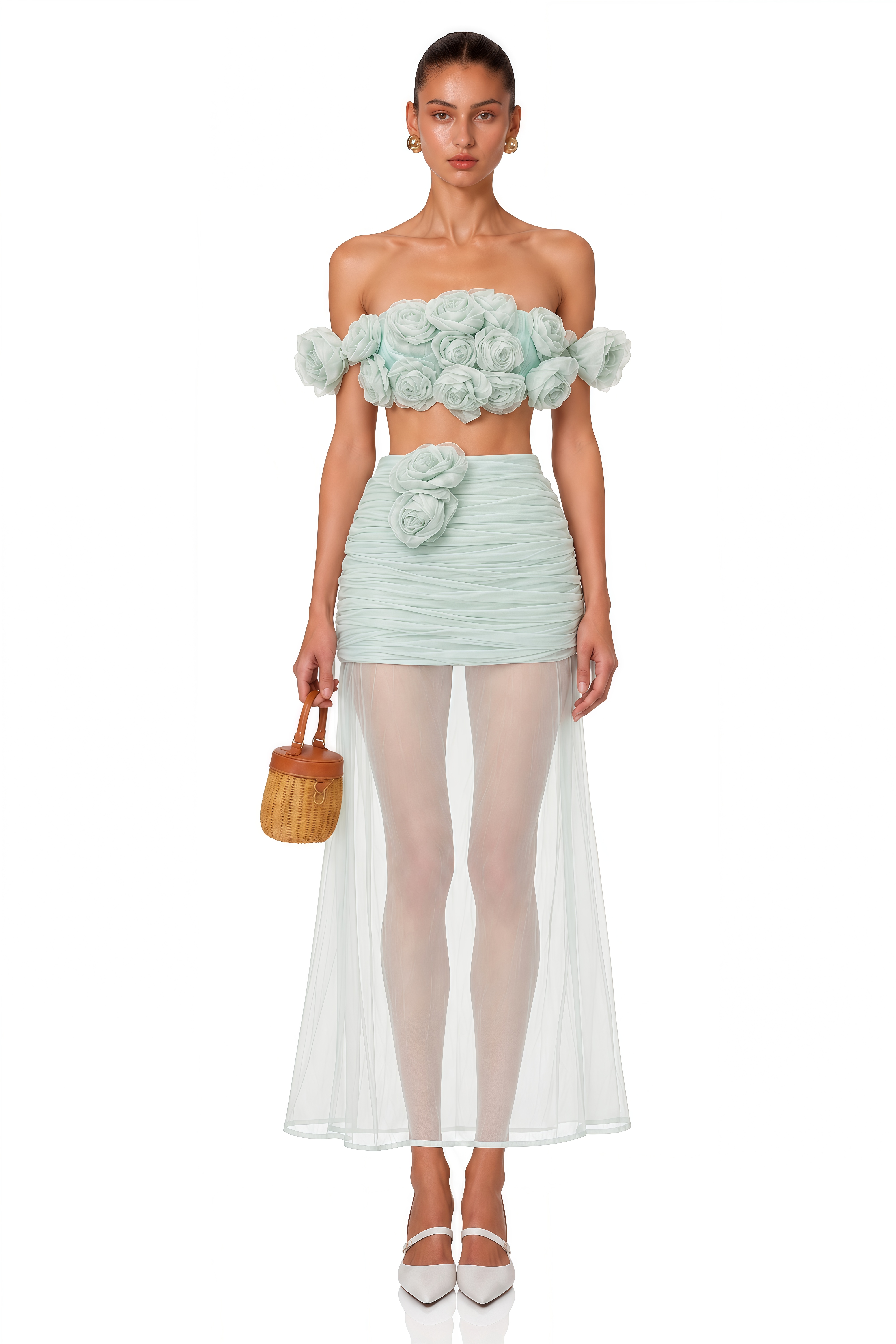 Penelope Green Tulle Top & Skirt Set with 3D Florals
