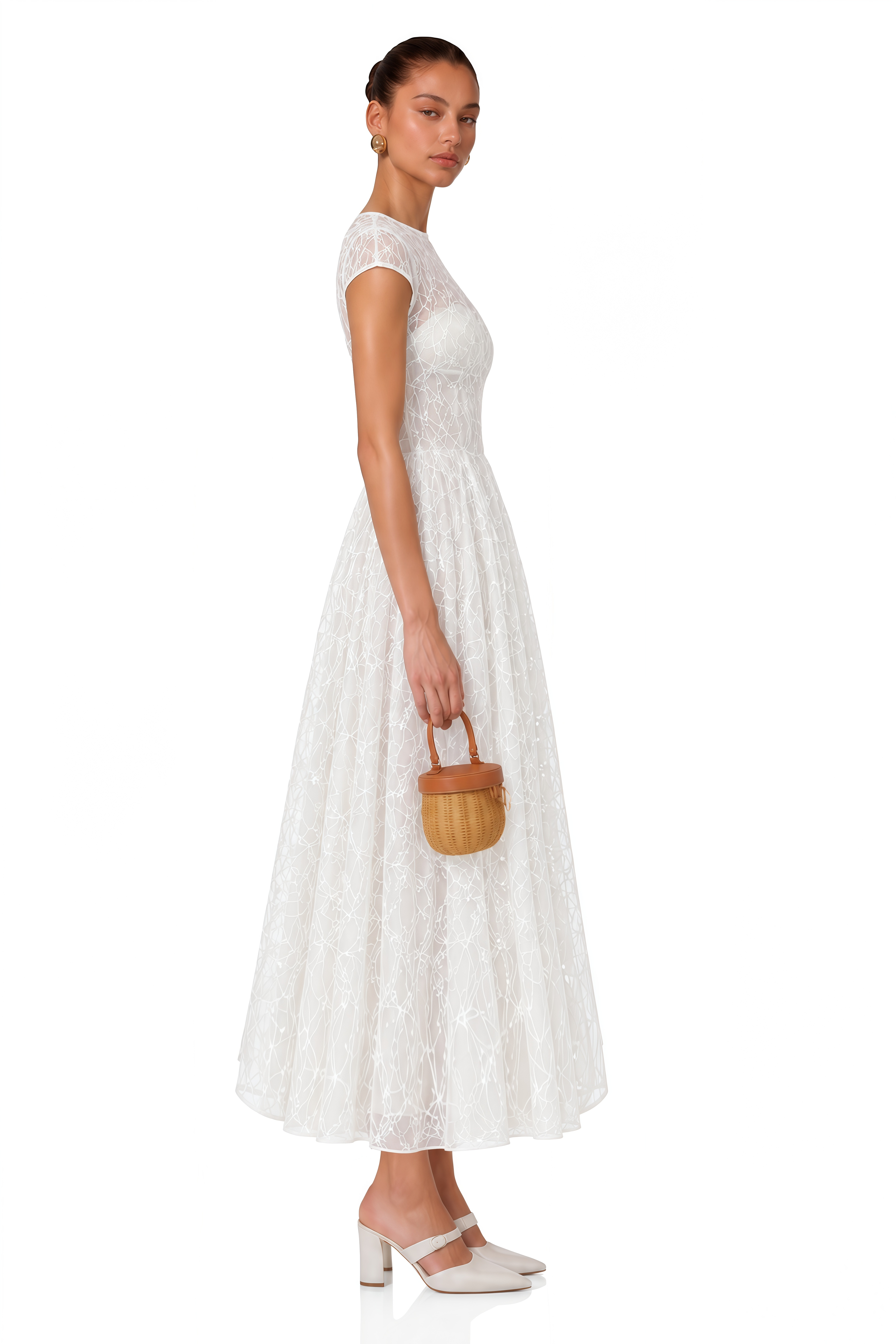 Velia White Lace Glitter Tulle Maxi Gown