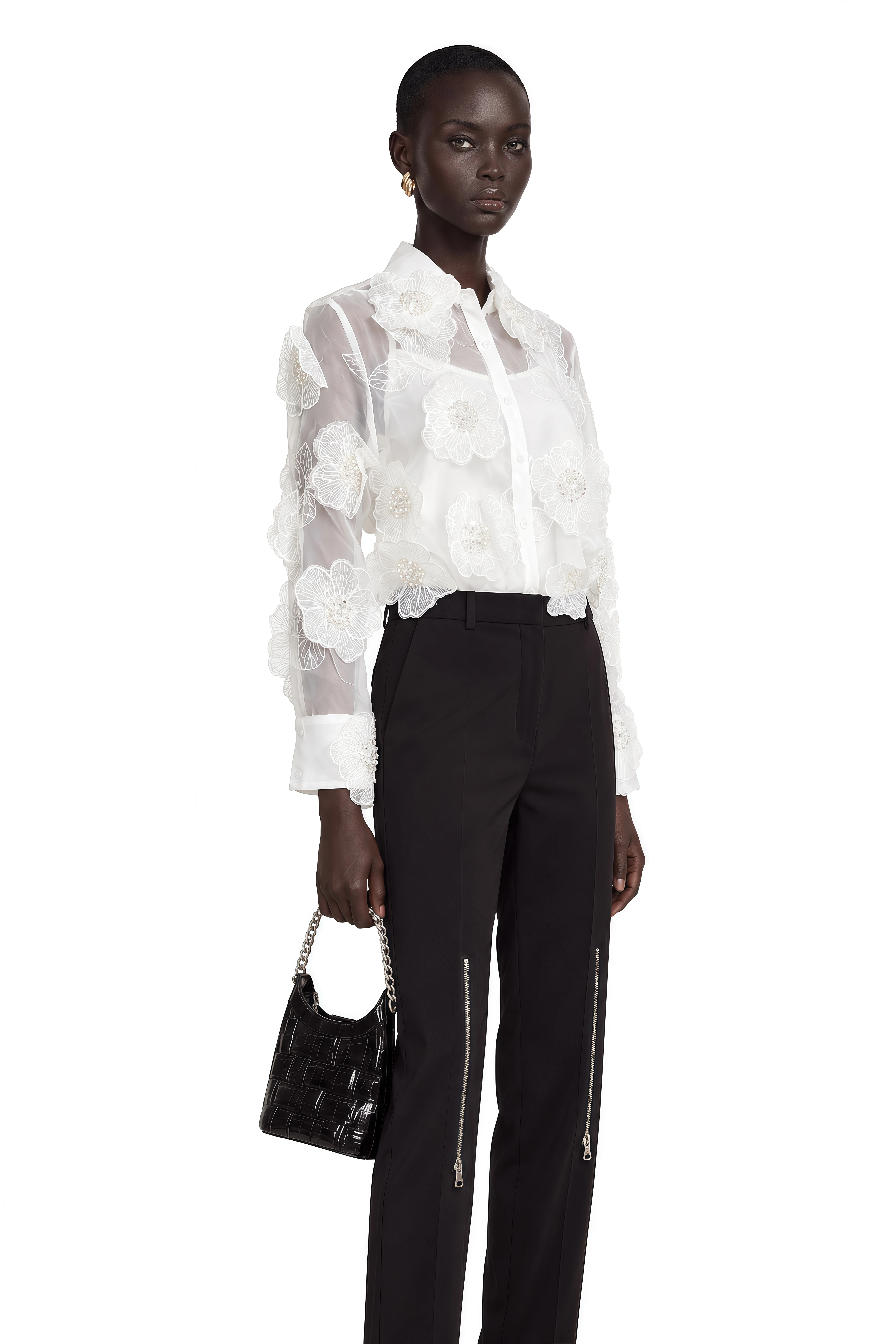 Béatrix White Embellished Semi-Sheer Shirt