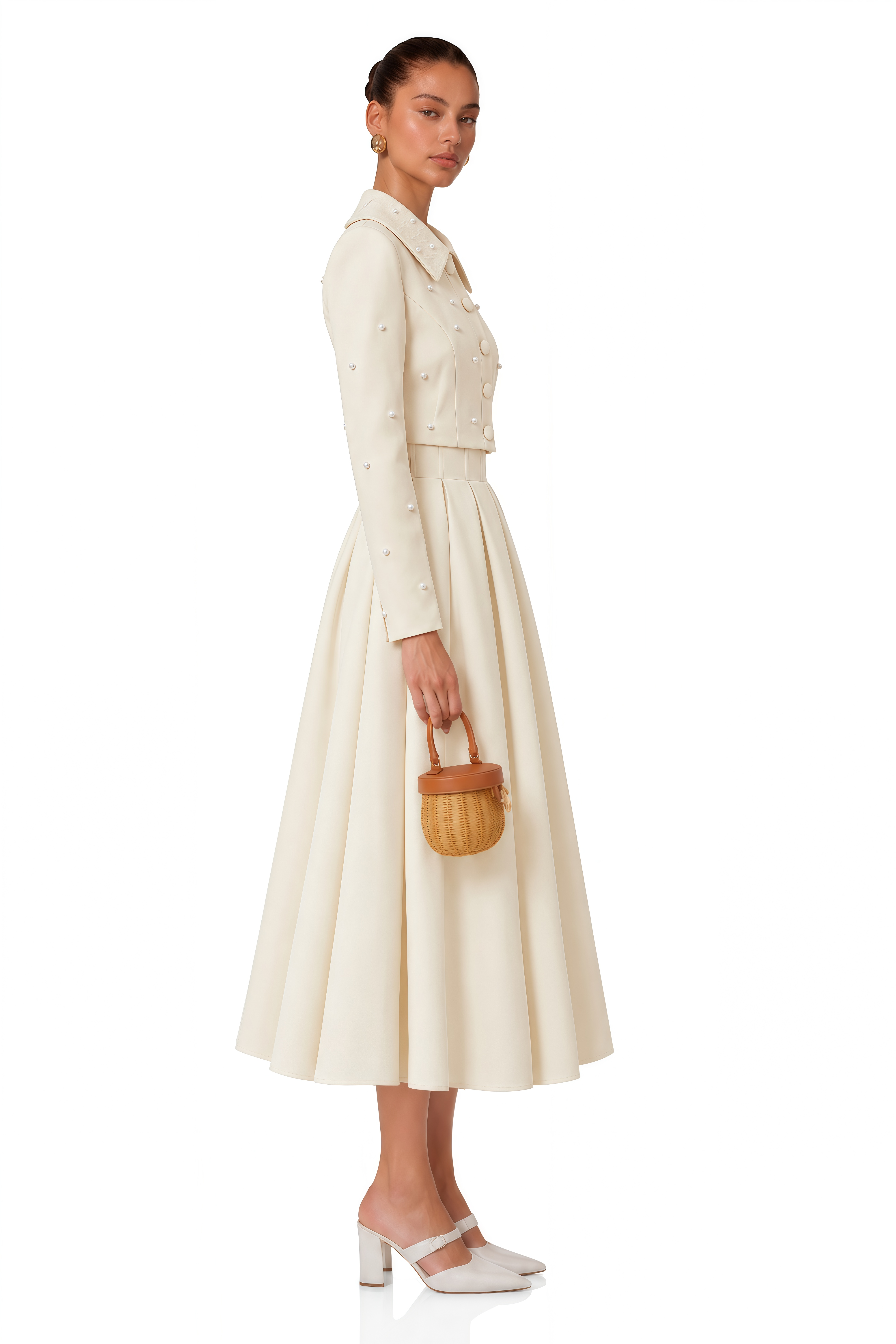 Maja White Faux Pearl Jacket & Pleated Skirt Set