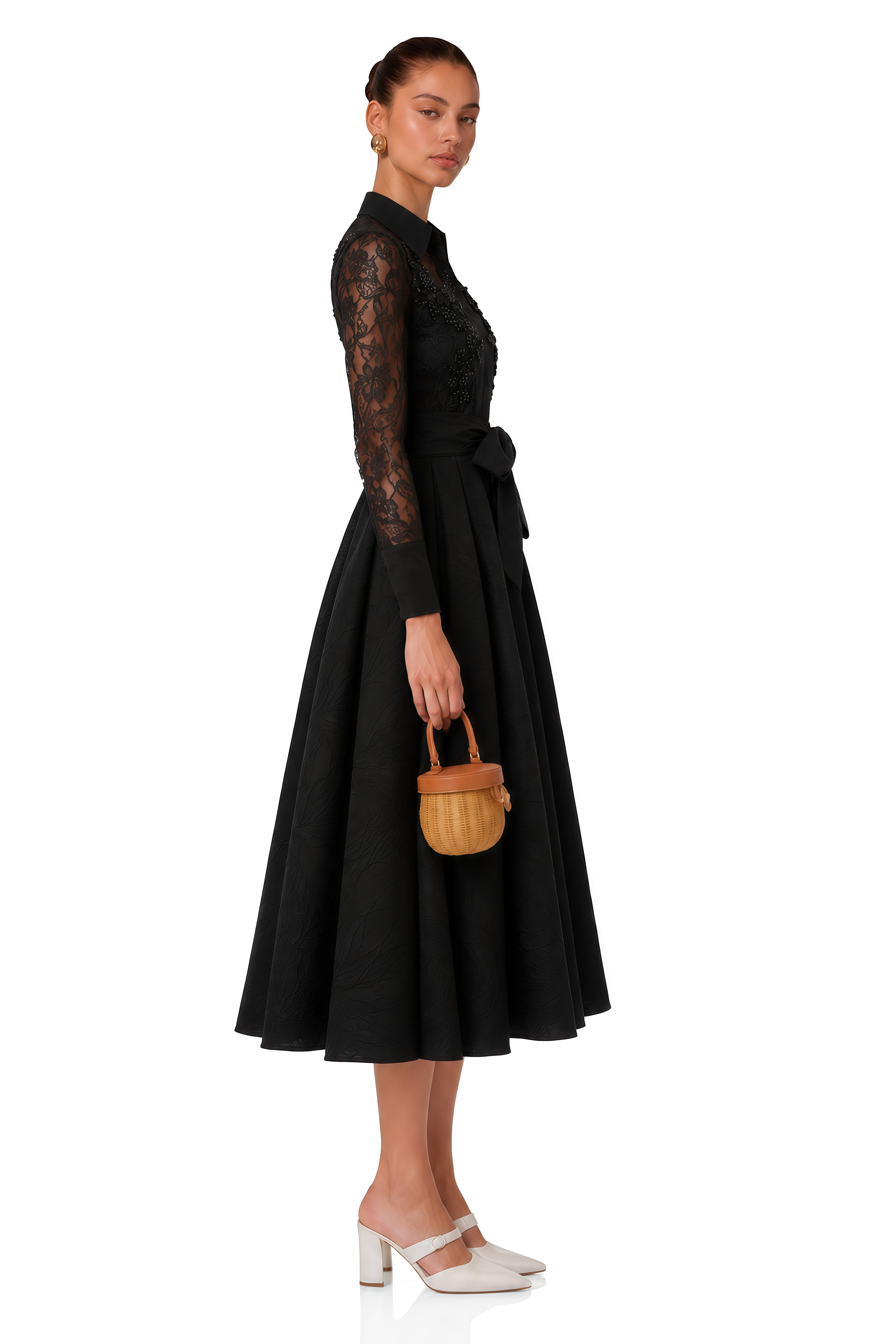 Lilliana Black Lace Midi Dress with Lapel Collar