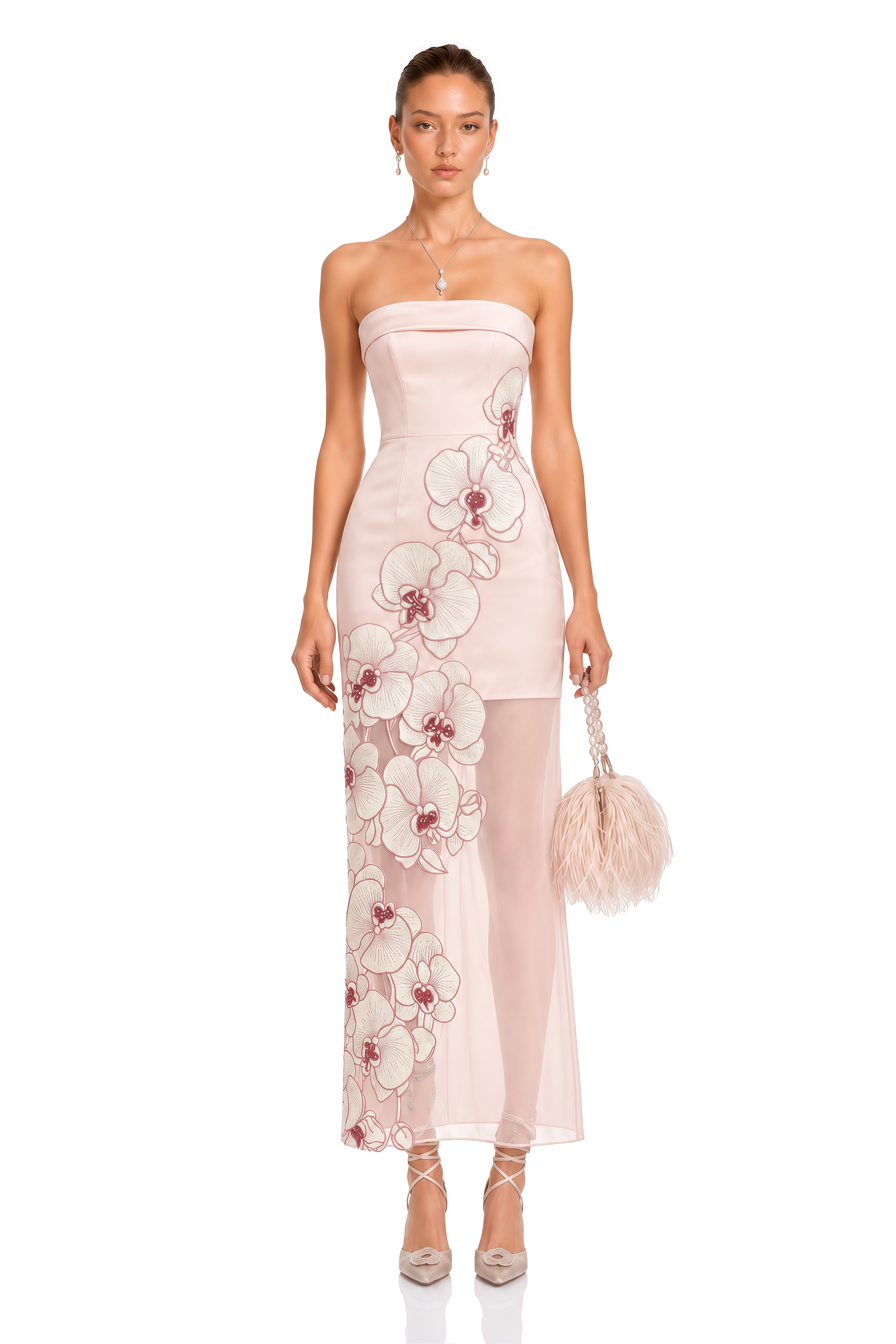 Ondina Pink Semi-Sheer Maxi Dress with Floral Applique