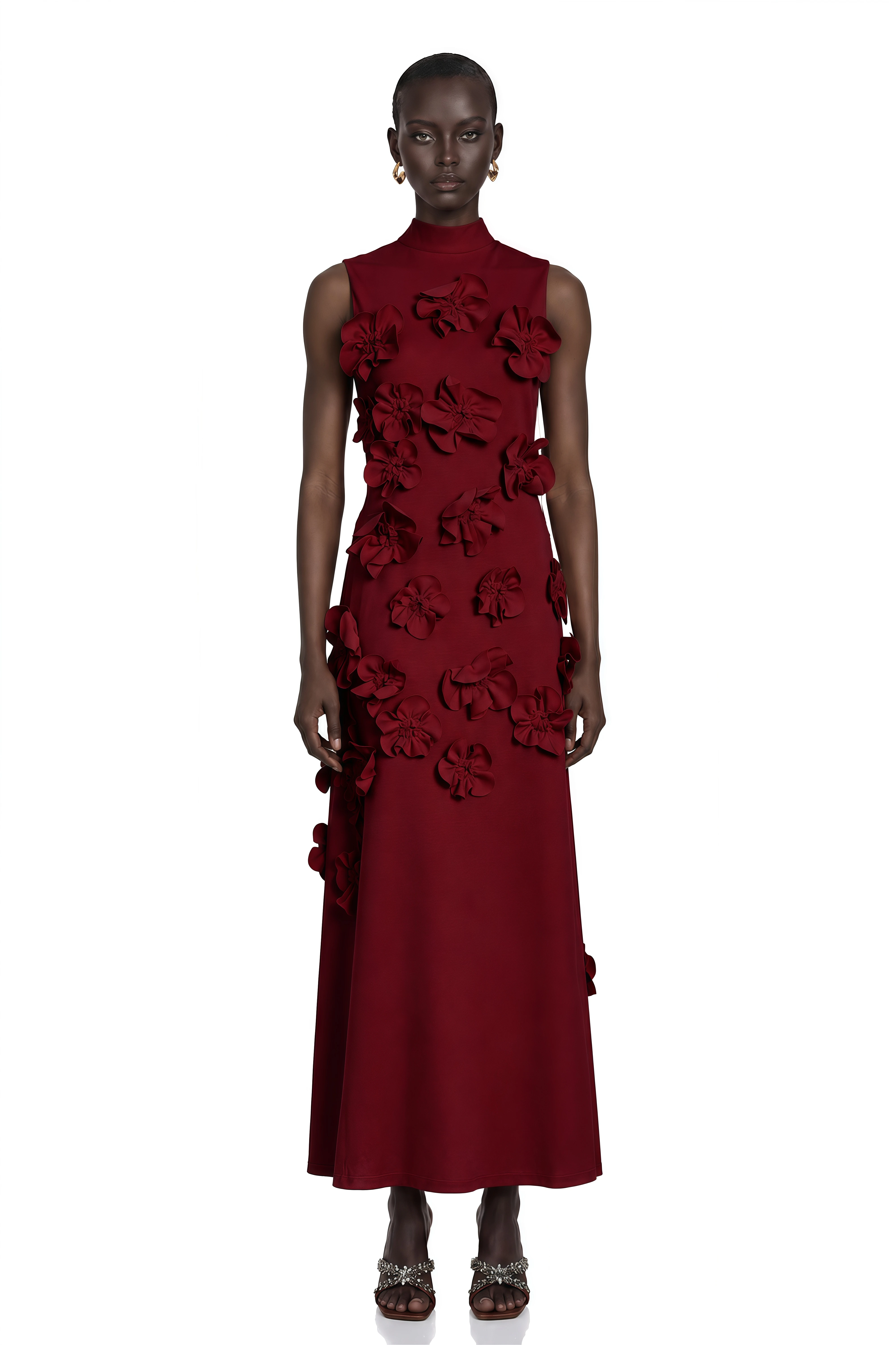 Magali Red Sleeveless Maxi Dress with Faux Flower & Bow-Tie Embellishment