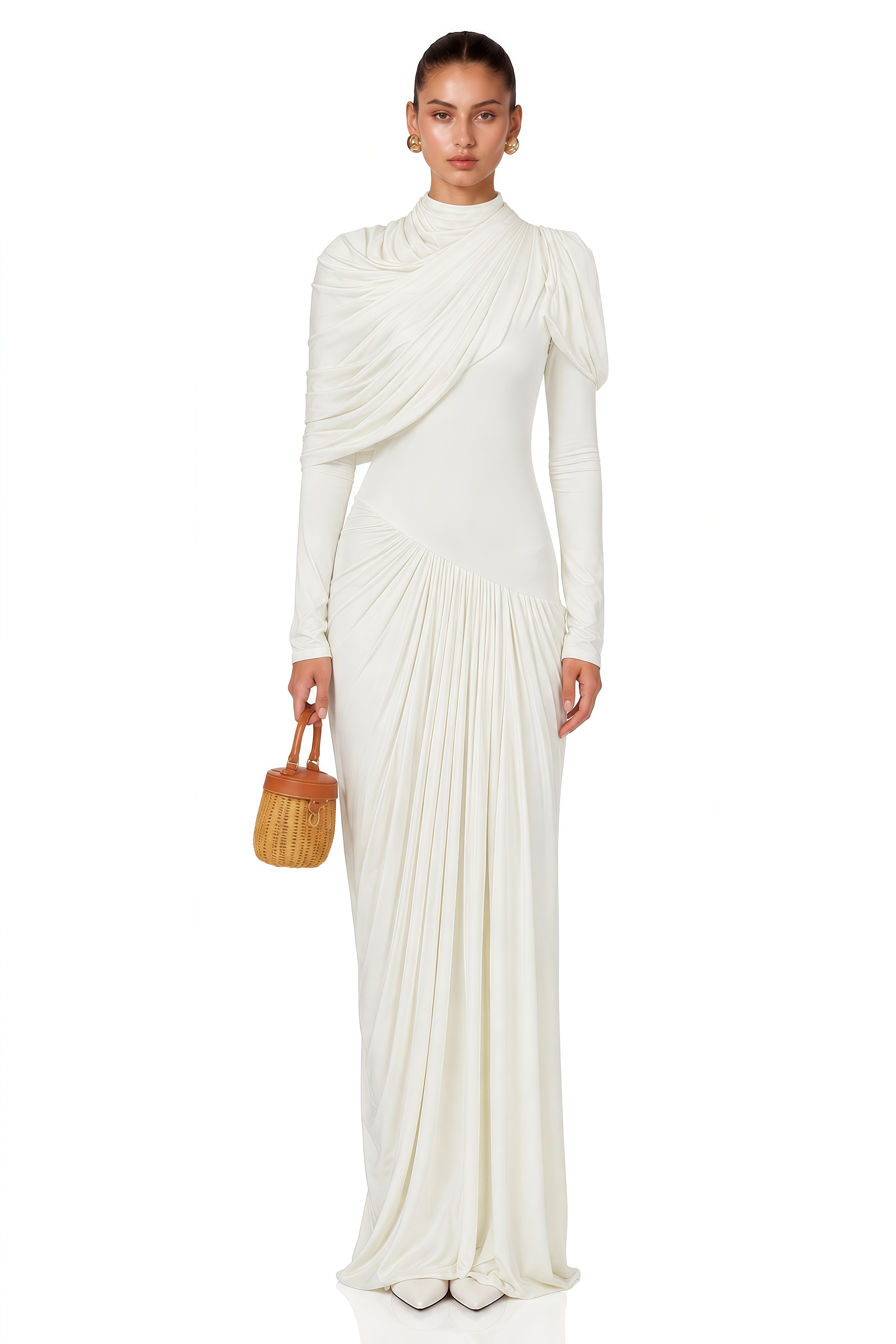 Bronwyn White Draped Pleated Asymmetrical Maxi Dress