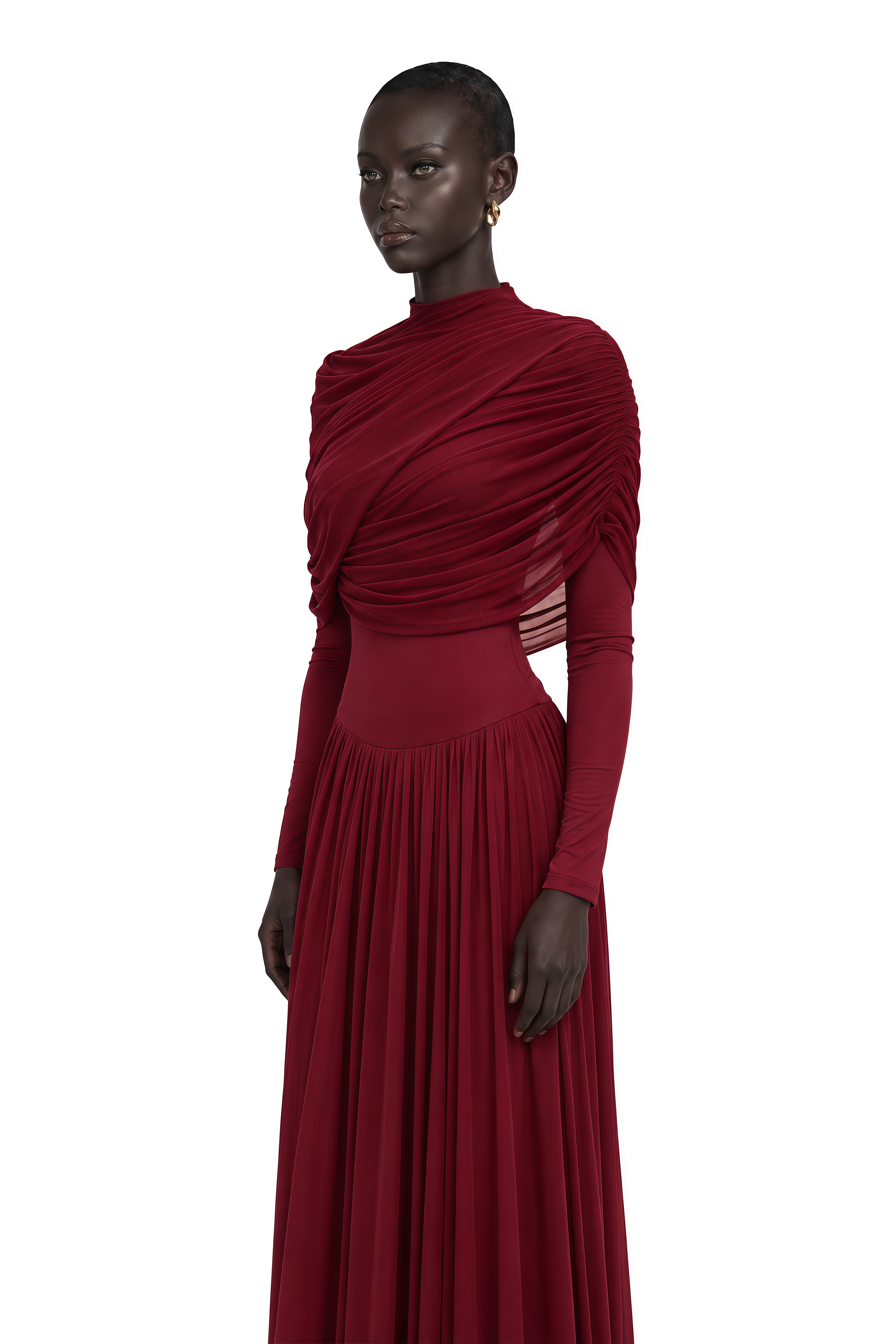 Catherine Red Asymmetrical Pleated Long-Sleeve Maxi Dress