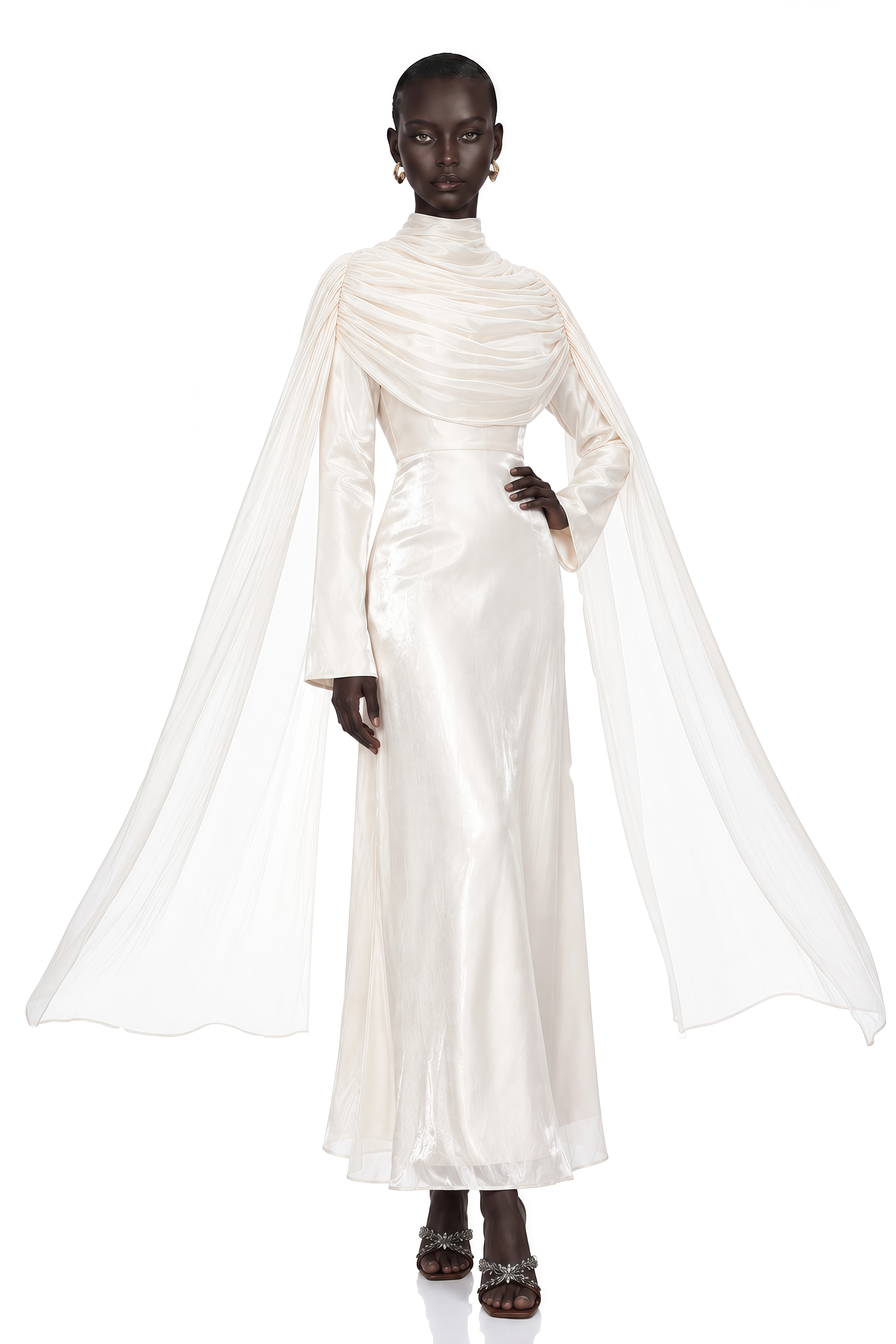 Hege Cream Glossy Ruched Cape Maxi Dress
