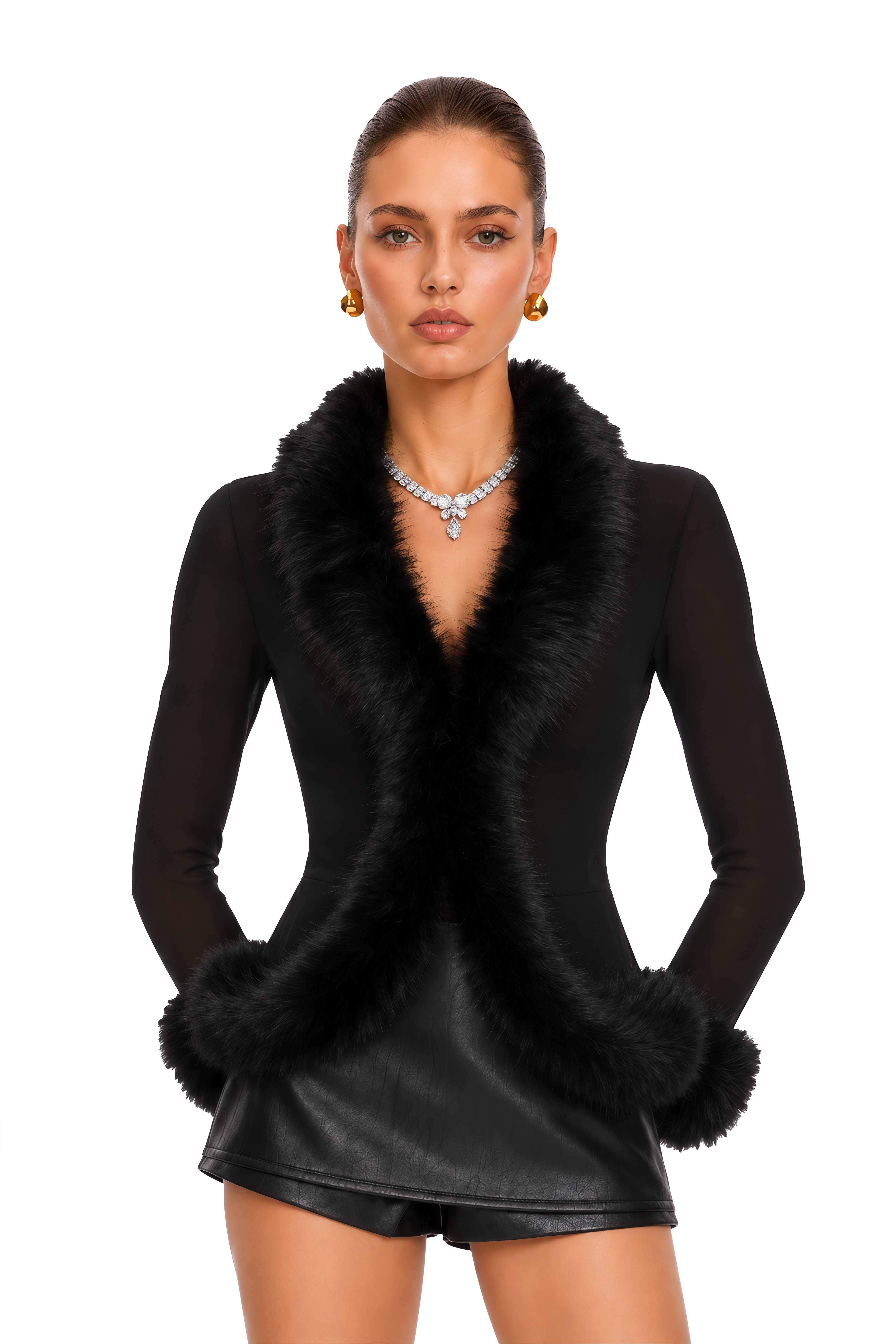 Diana Black Glitter Semi-Sheer Cardigan with Faux Fur Trim