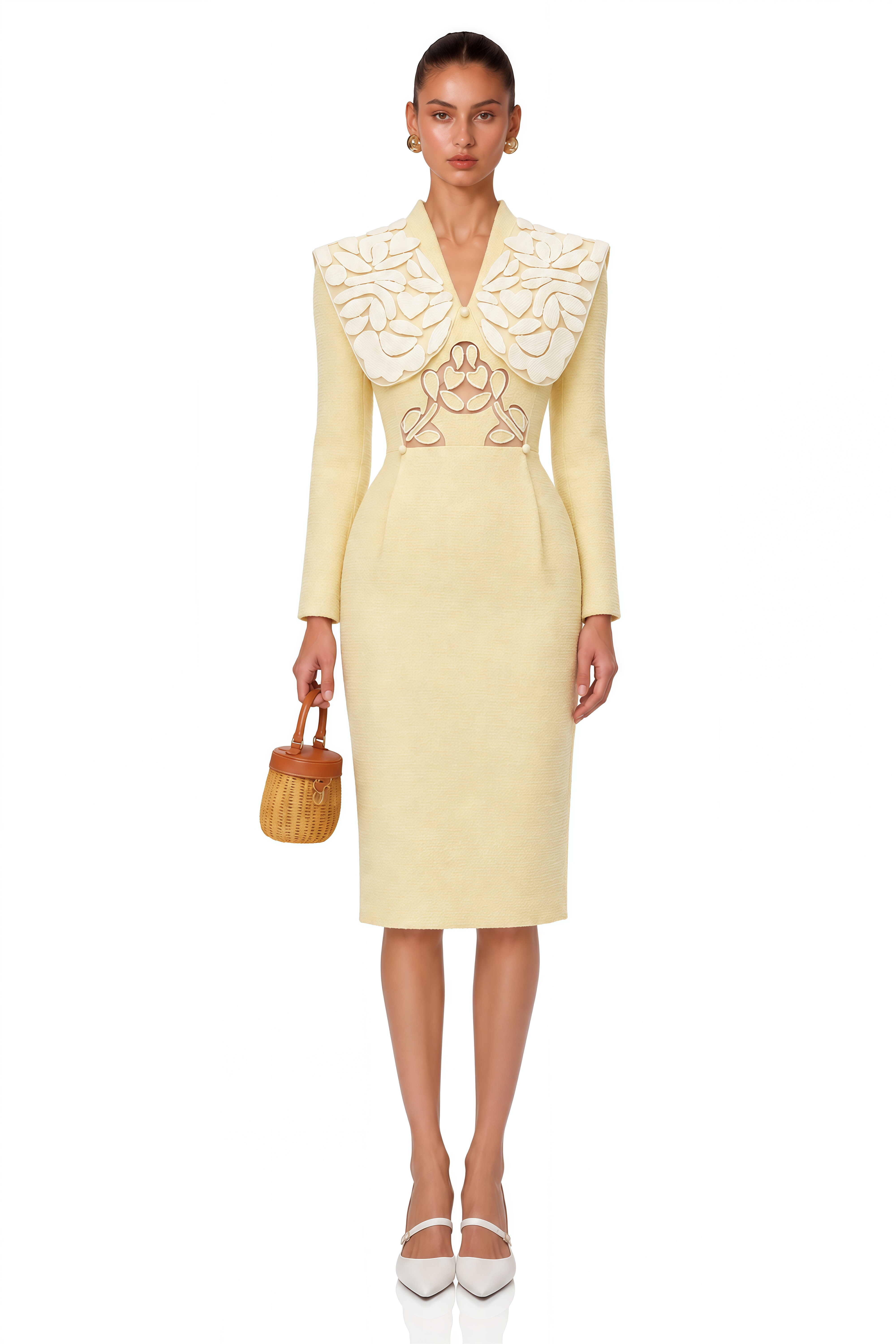 Philomene Yellow Midi Dress with Embroidered Collar