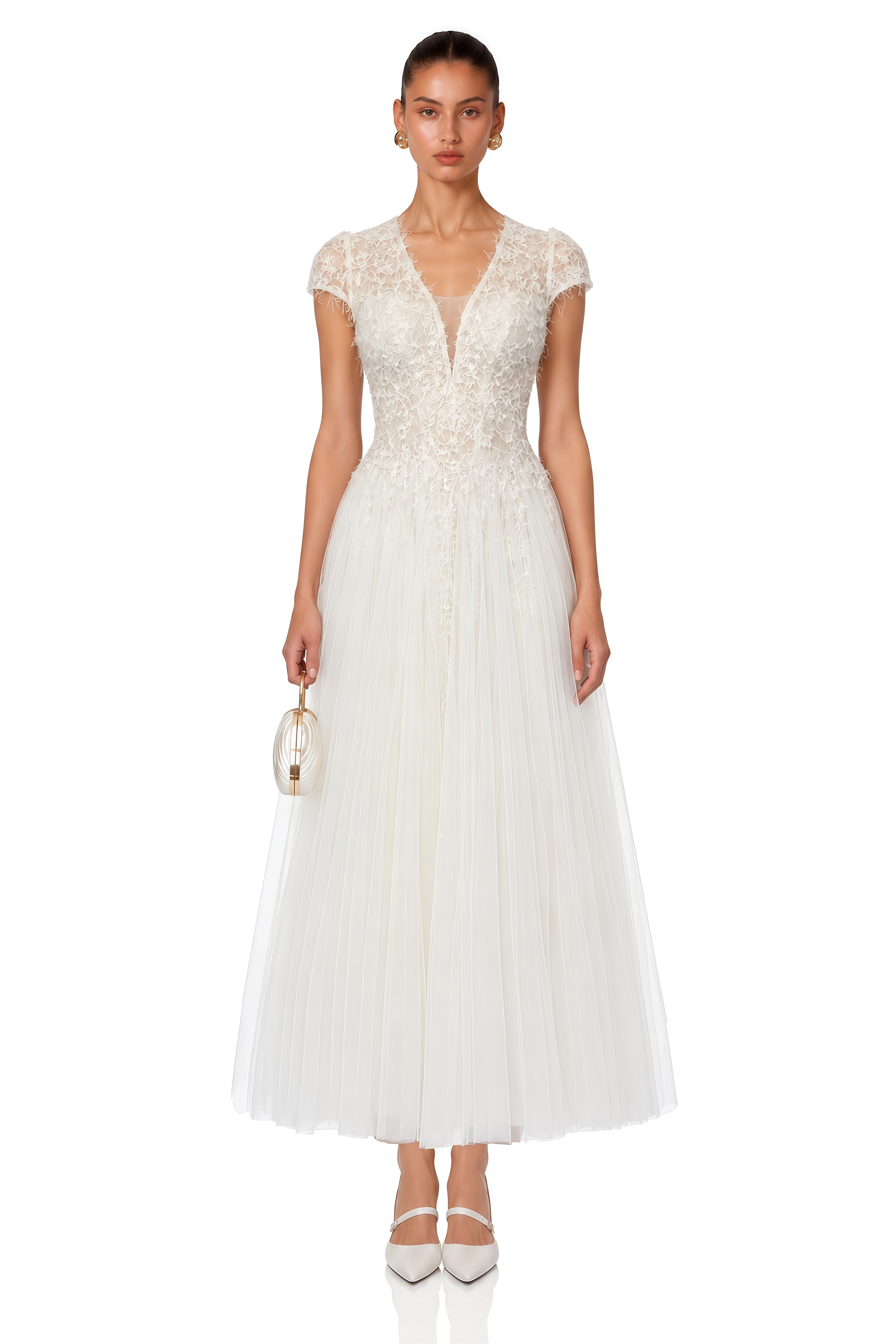 Antonia White Plunge Neck Midi Dress with Cap Sleeves