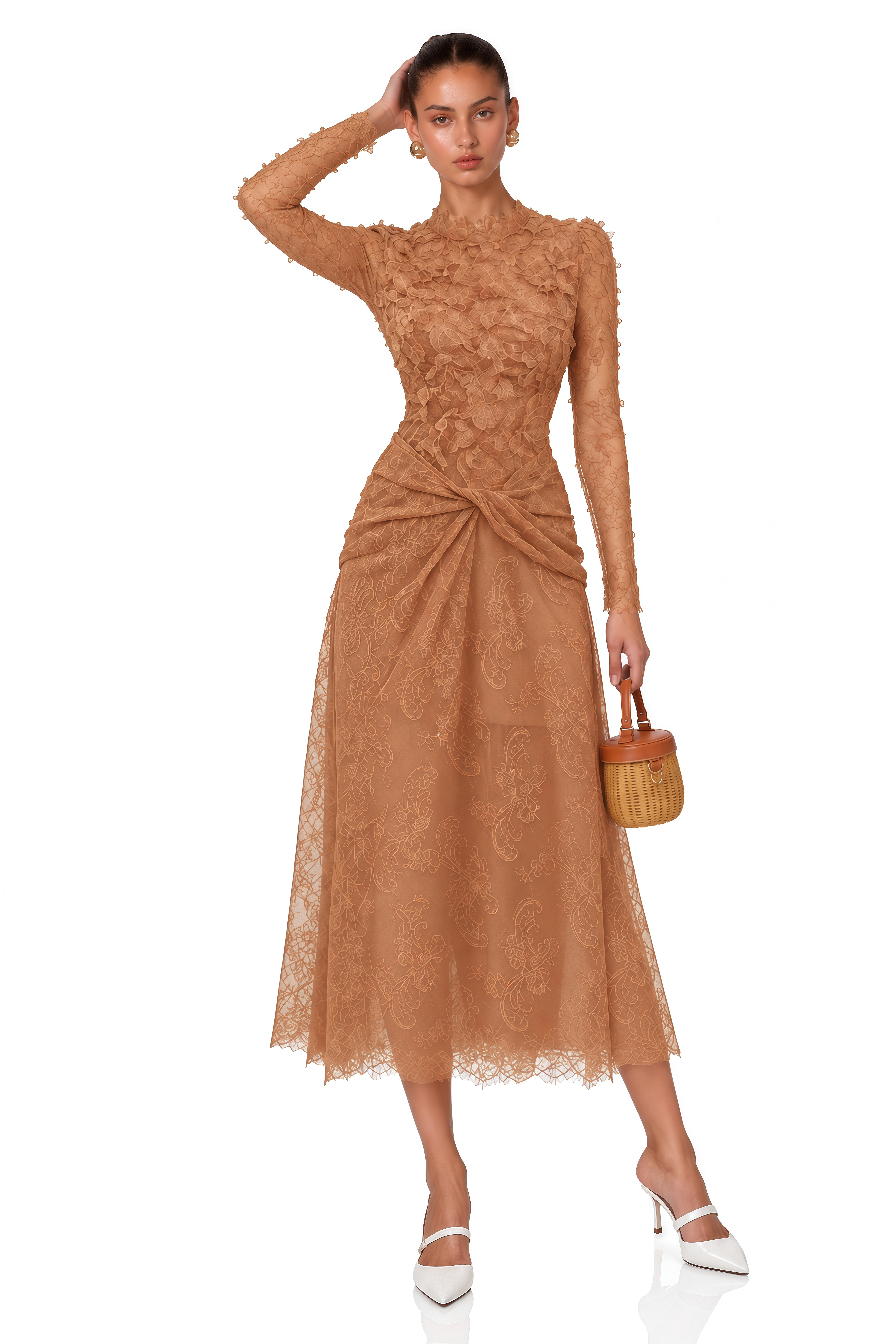 Hadley Caramel Twisted Floral Lace Midi Dress