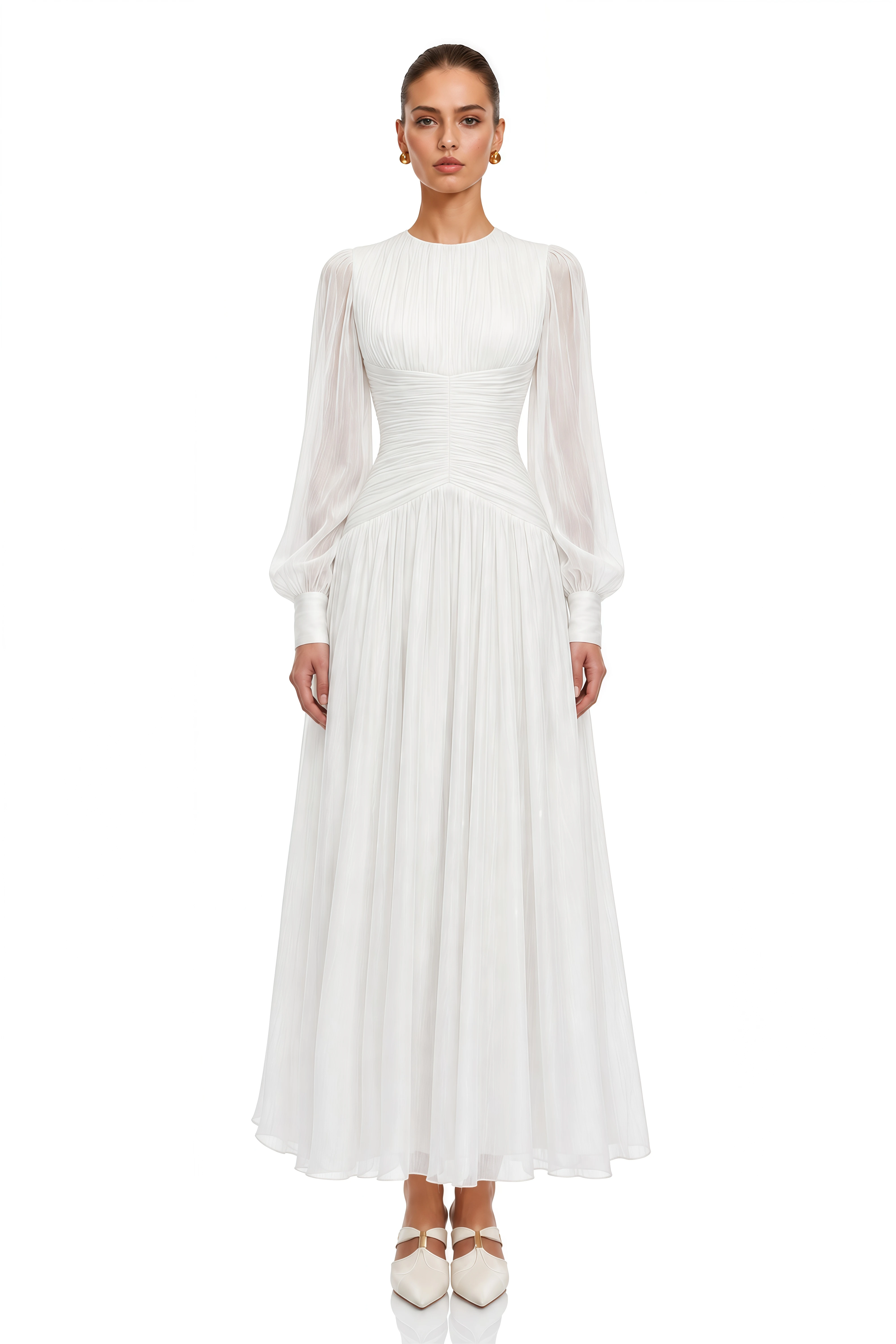 Aneka White High Neck Glossy Ruched Maxi Dress