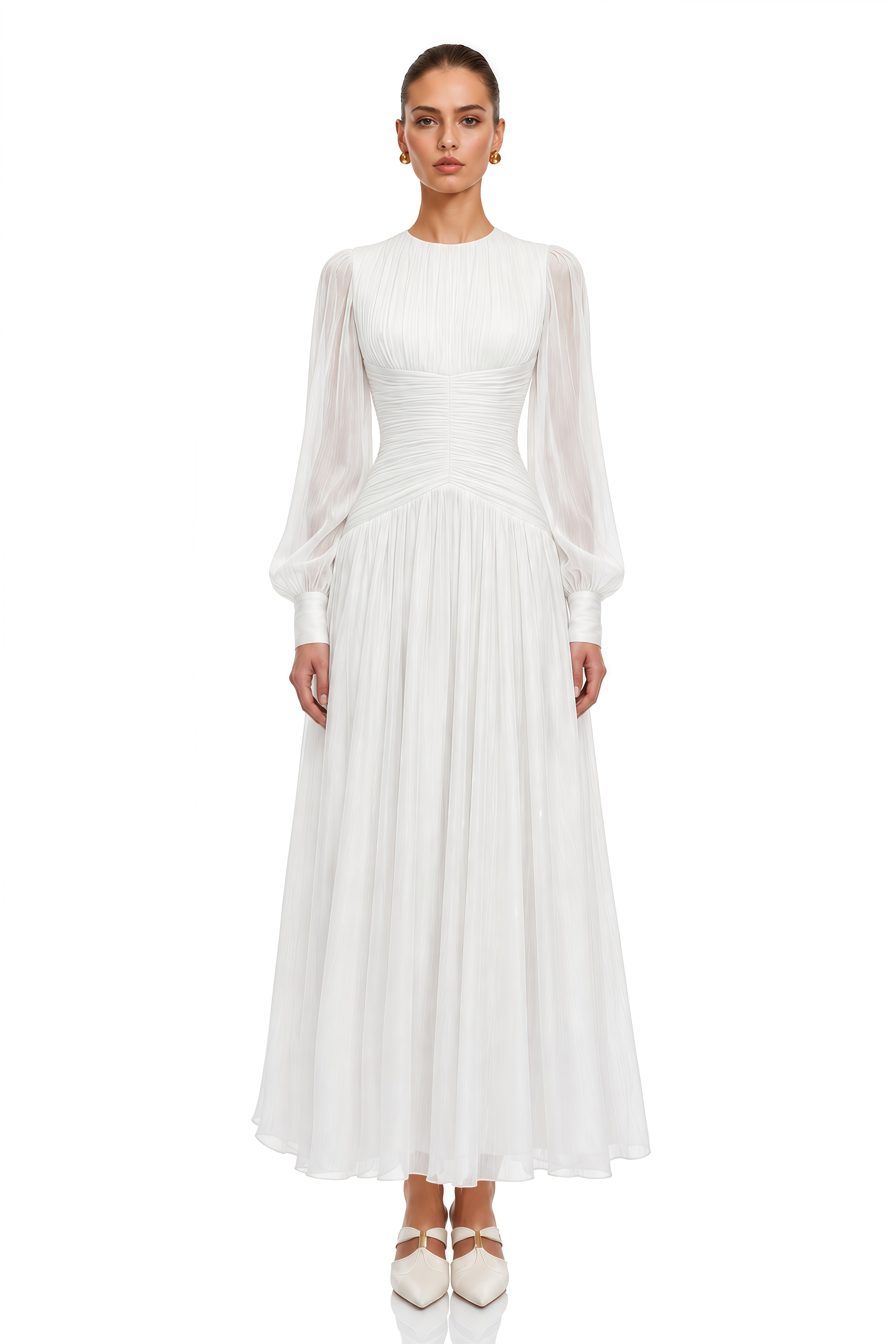 Aneka White High Neck Glossy Ruched Maxi Dress