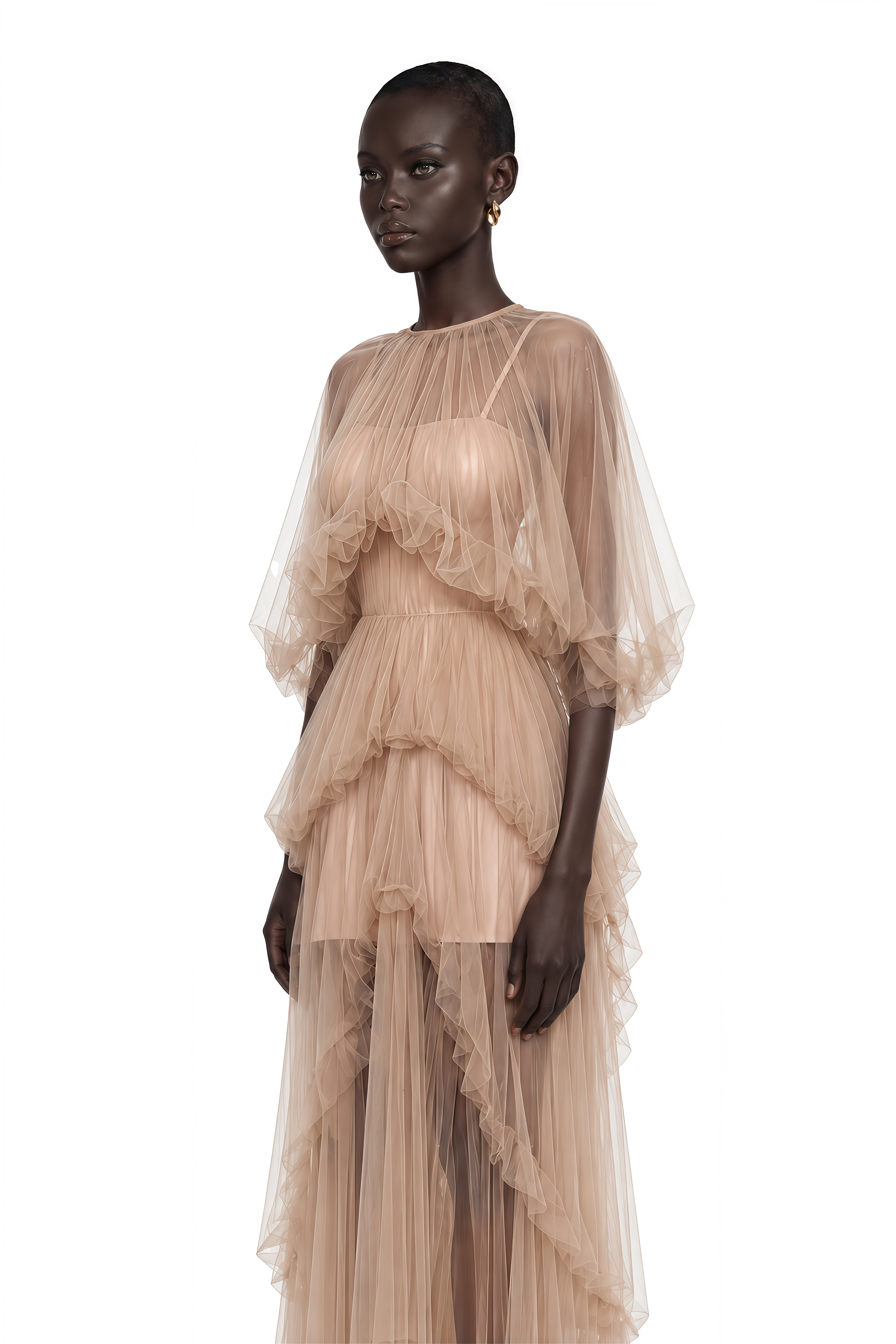 Graciana Nude Asymmetrical Pleated Maxi Dress