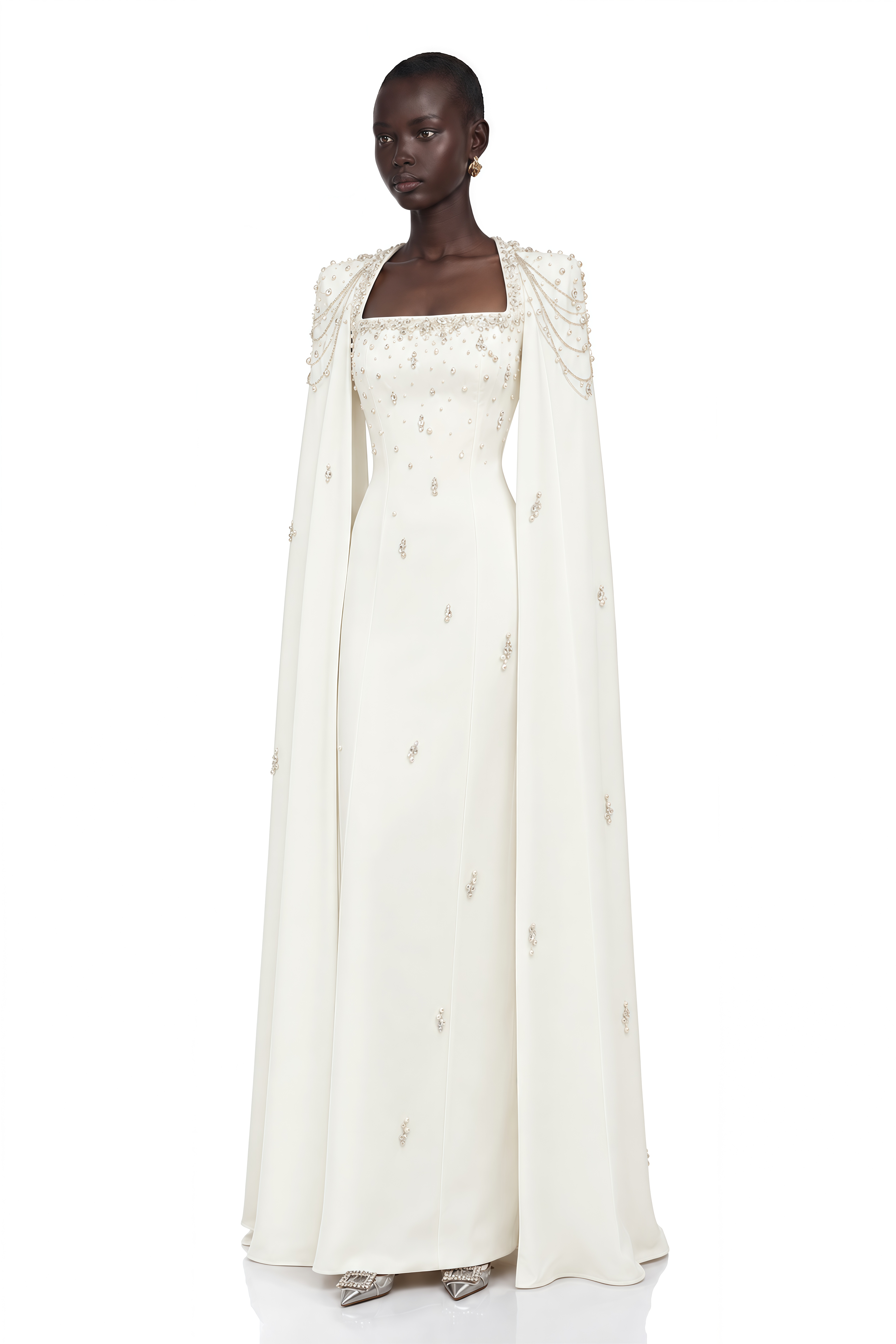 Épuré White Embellished Cape Gown