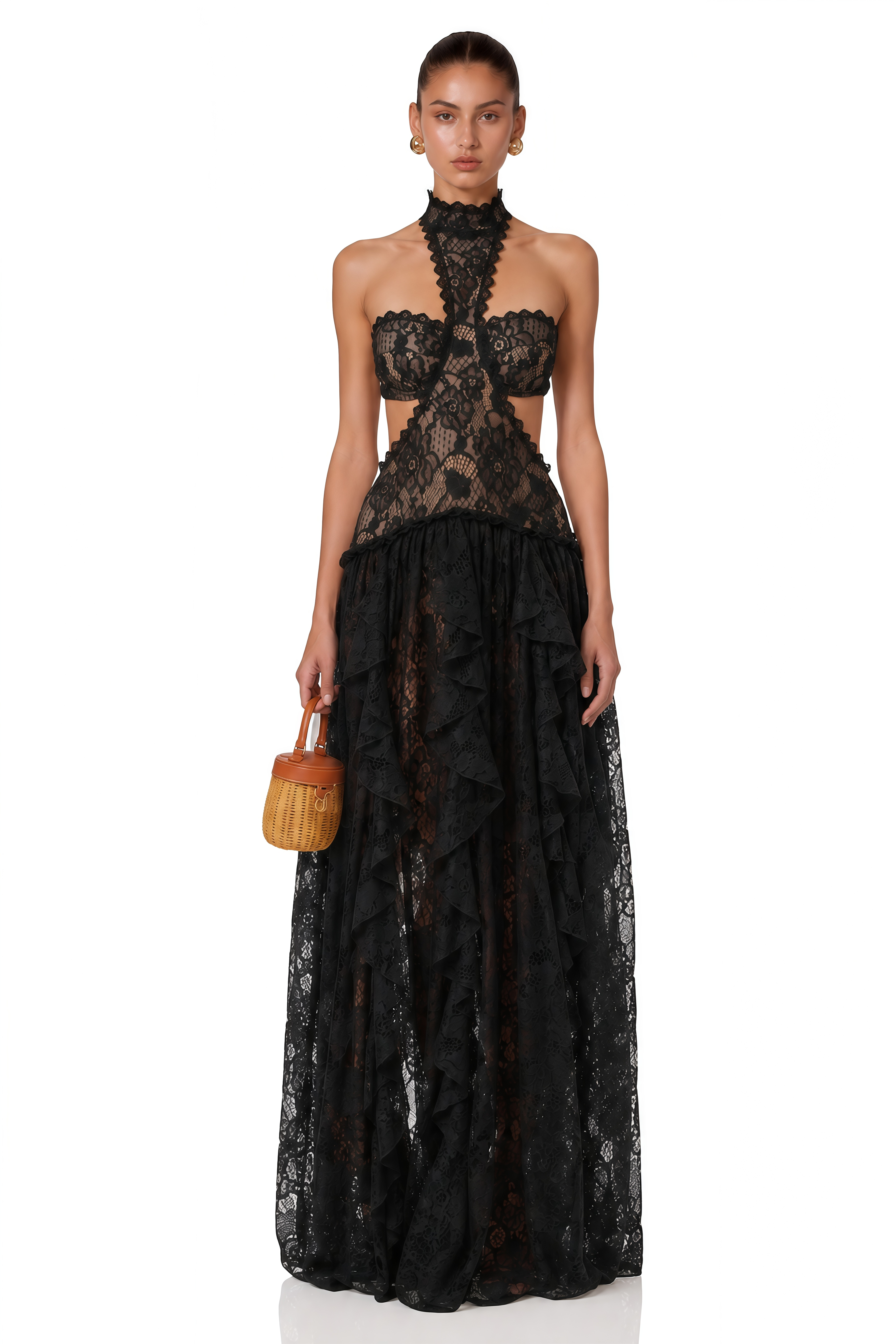 Evelyn Black Halterneck Lace Maxi Dress