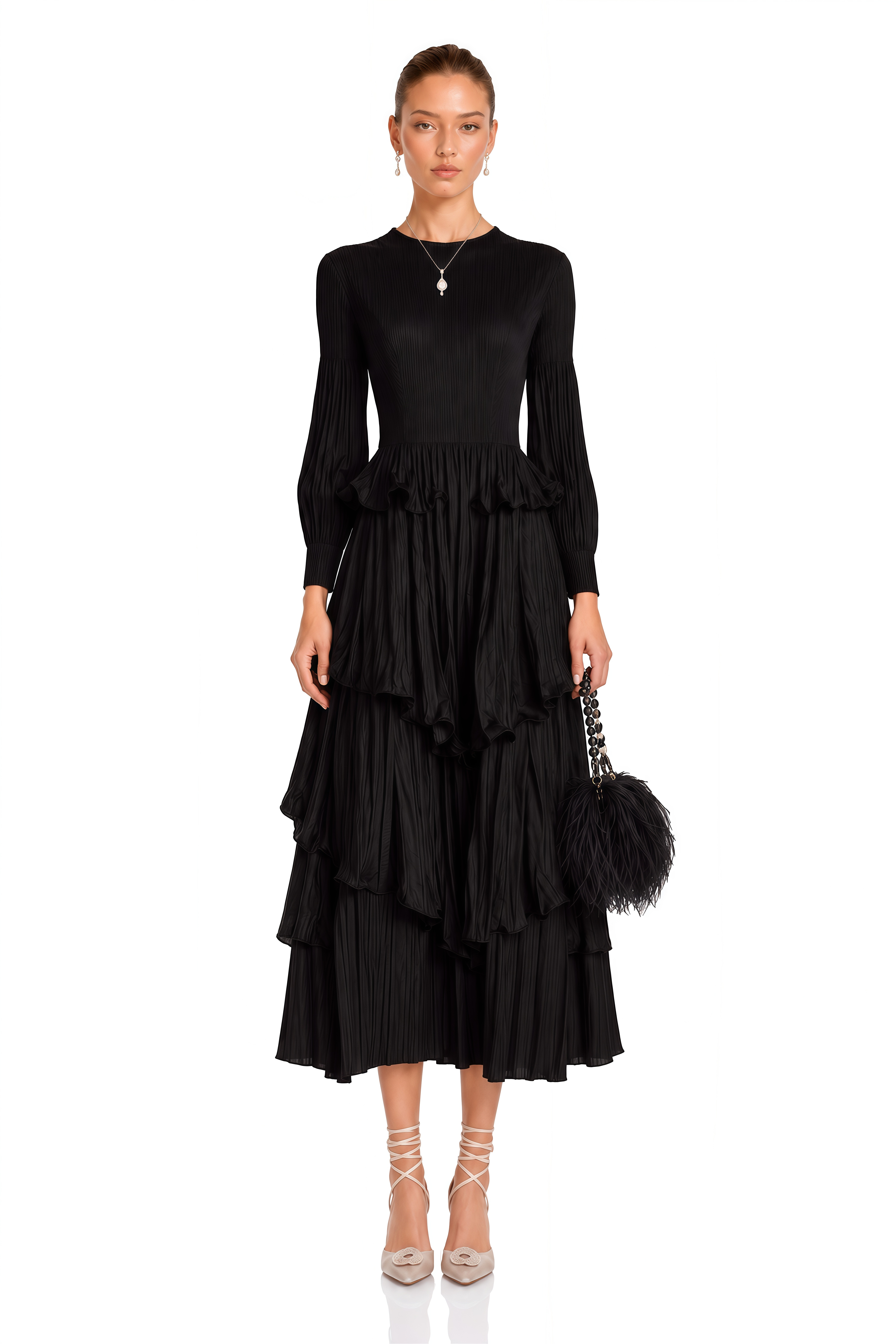 Brianna Black Tiered Pleated Midi Dress