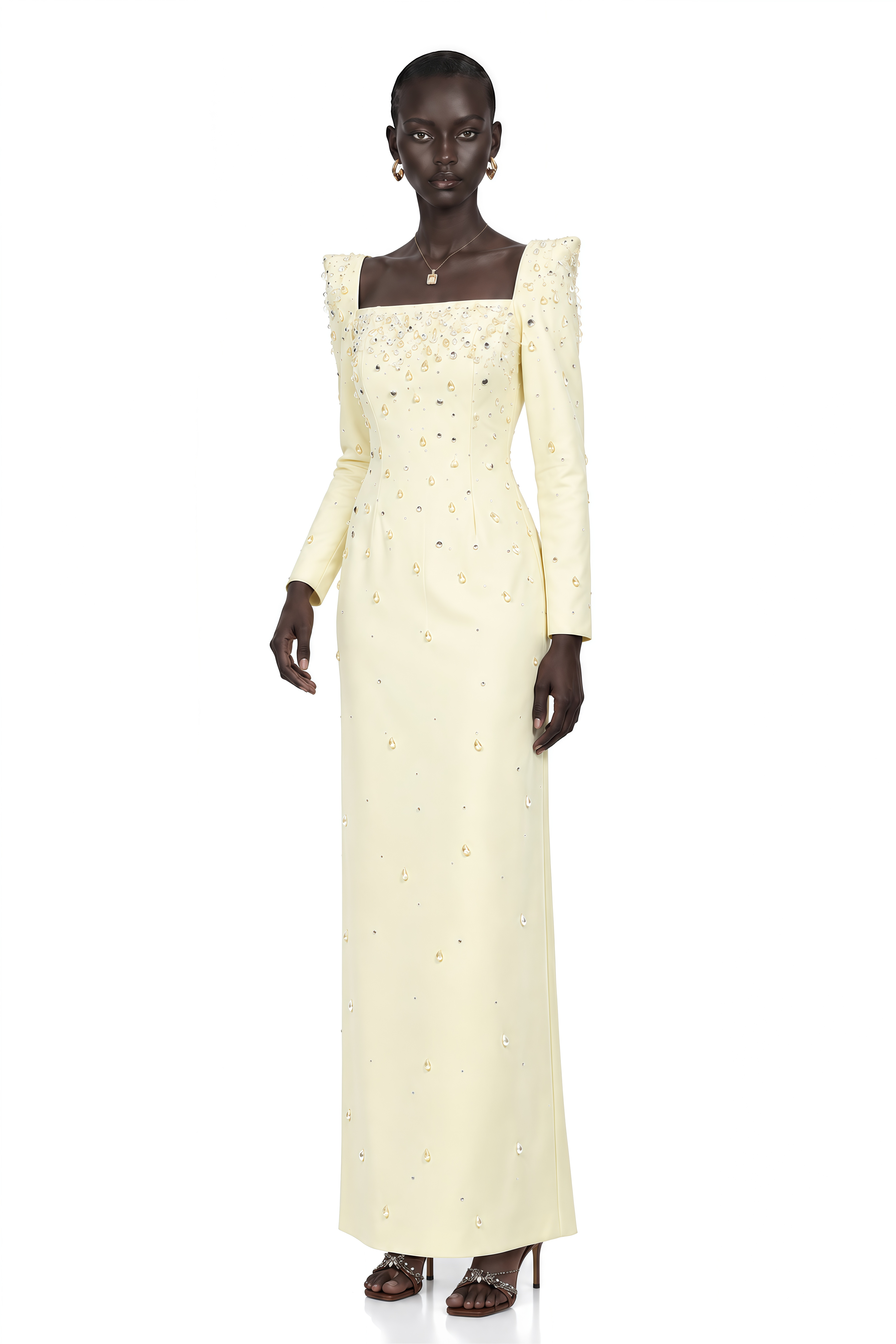 Carmela Yellow Square Neck Embellished Maxi Dress