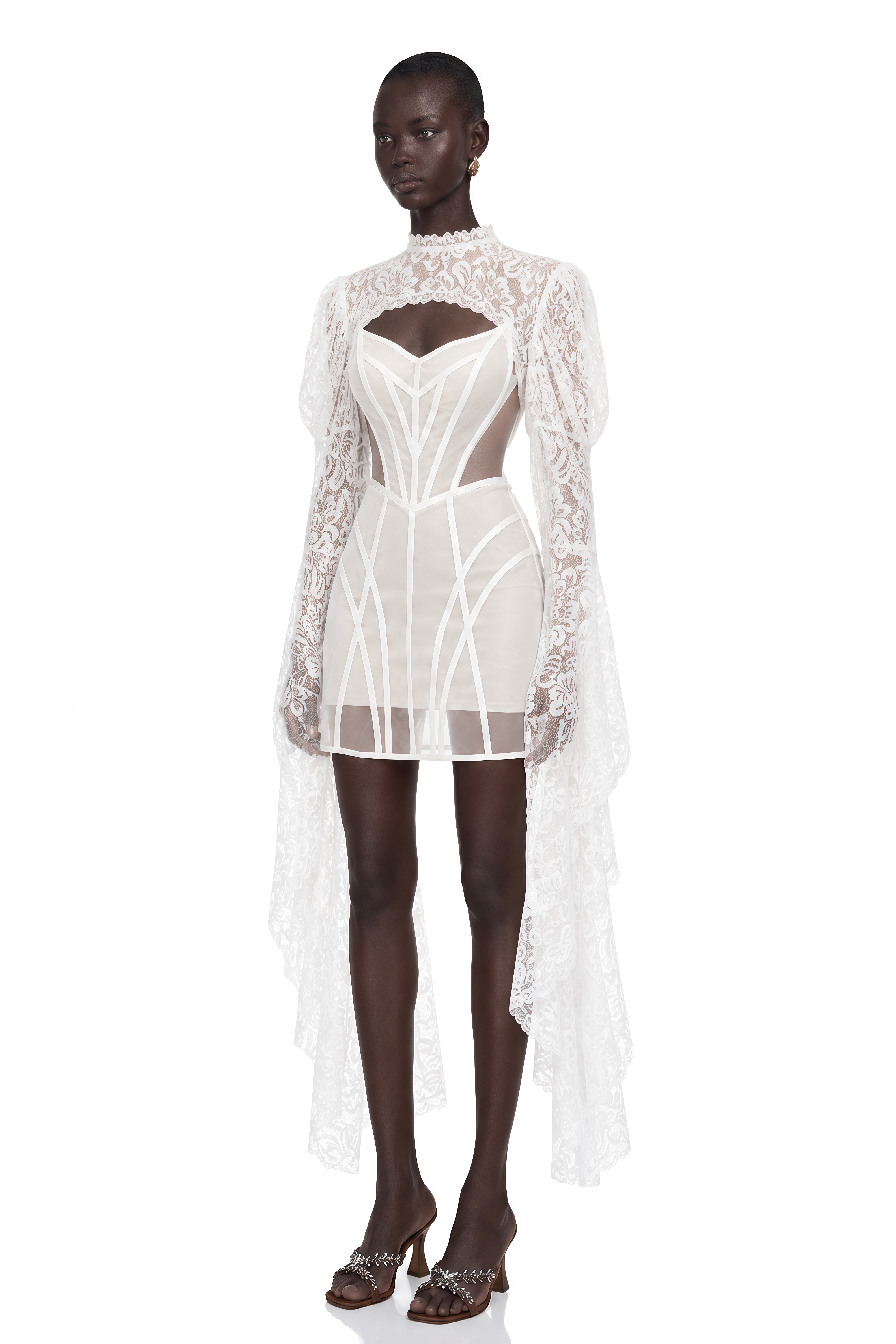Ilaria White Lace Shrug & Linear Organza Dress Set