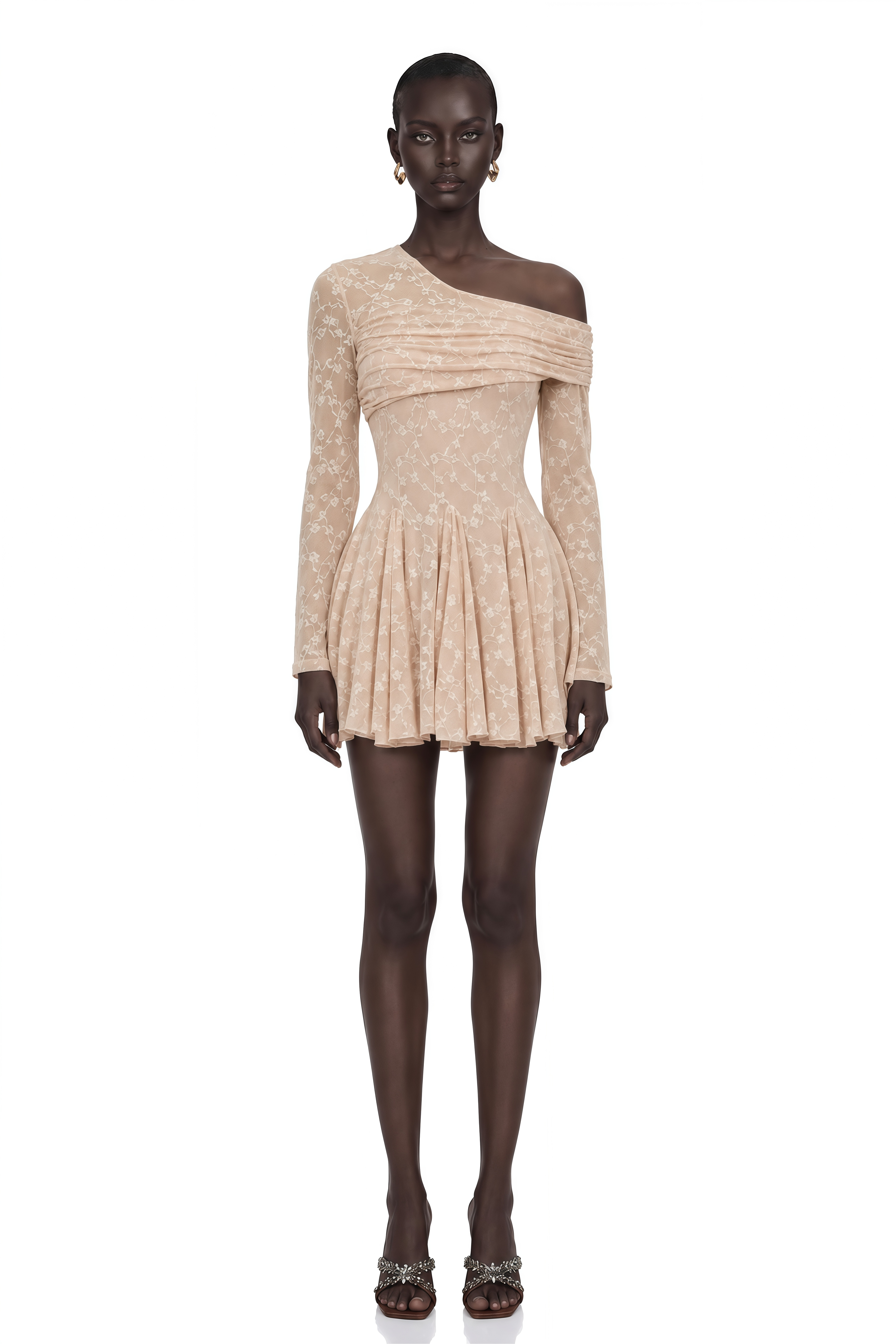 Rosalie Neutral One Shoulder Pleated Mini Dress