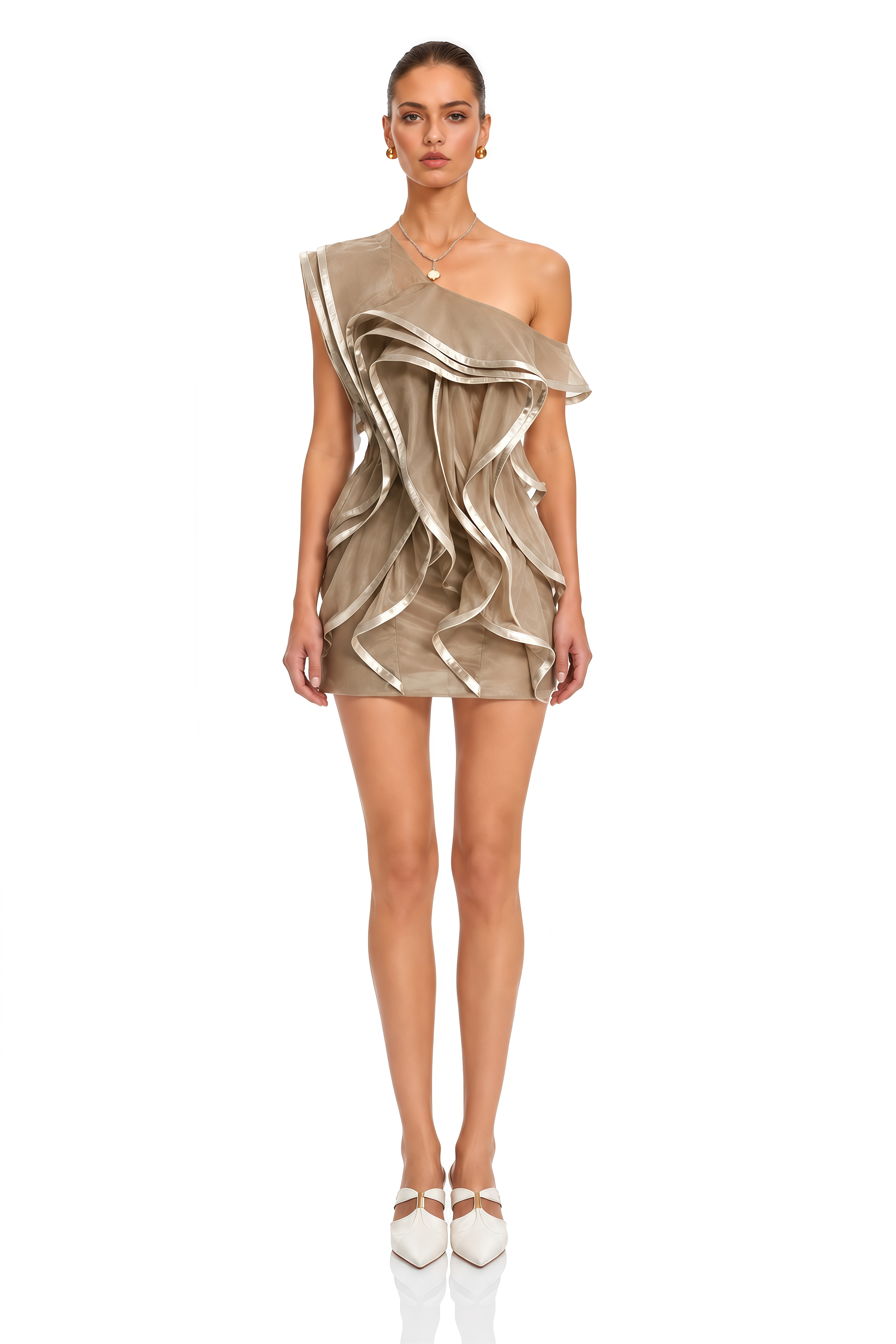 Alchimie Brown Ruffled Tulle Mini Dress
