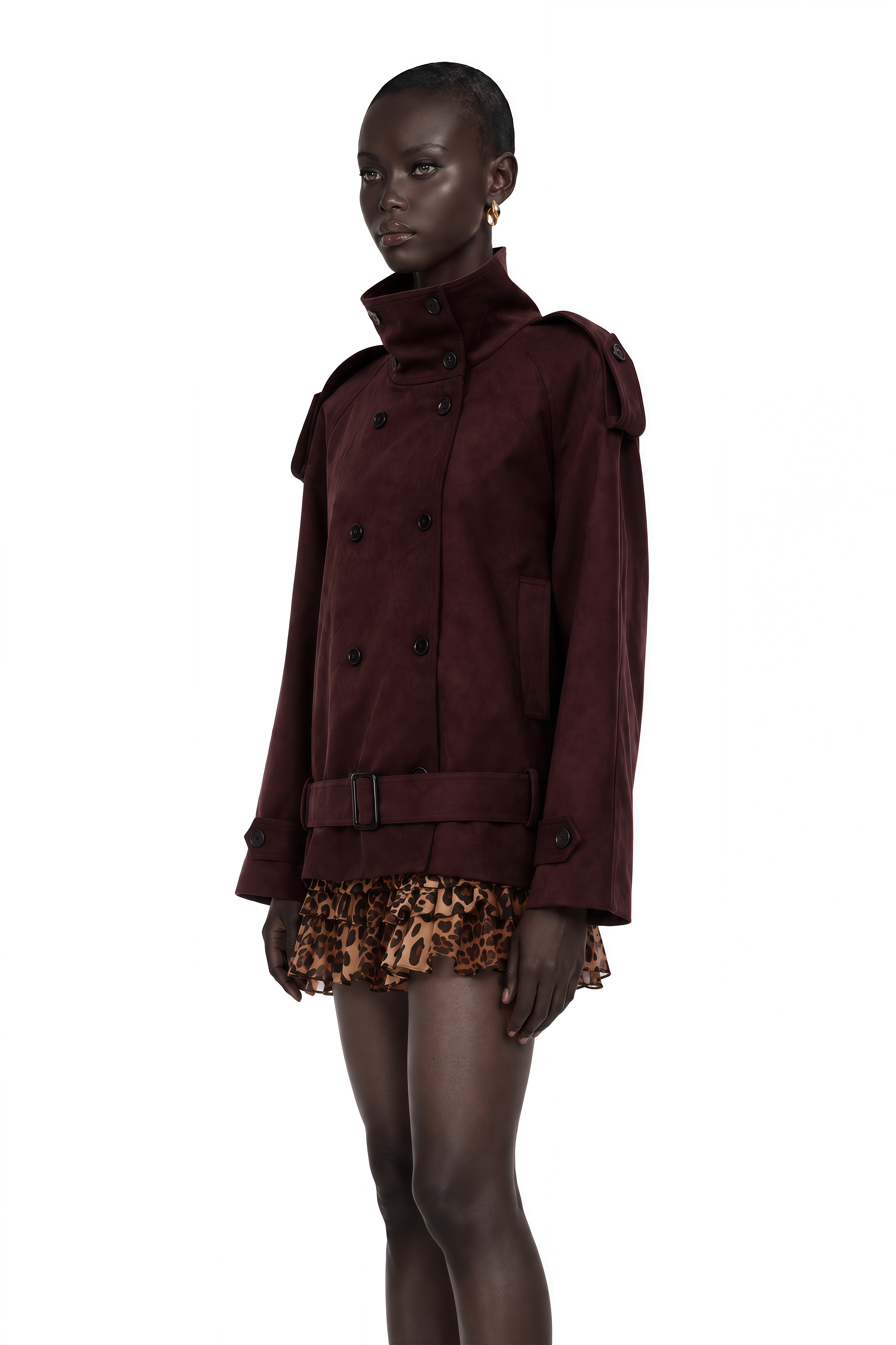 Flavia Burgundy Belted Suede Trench Coat