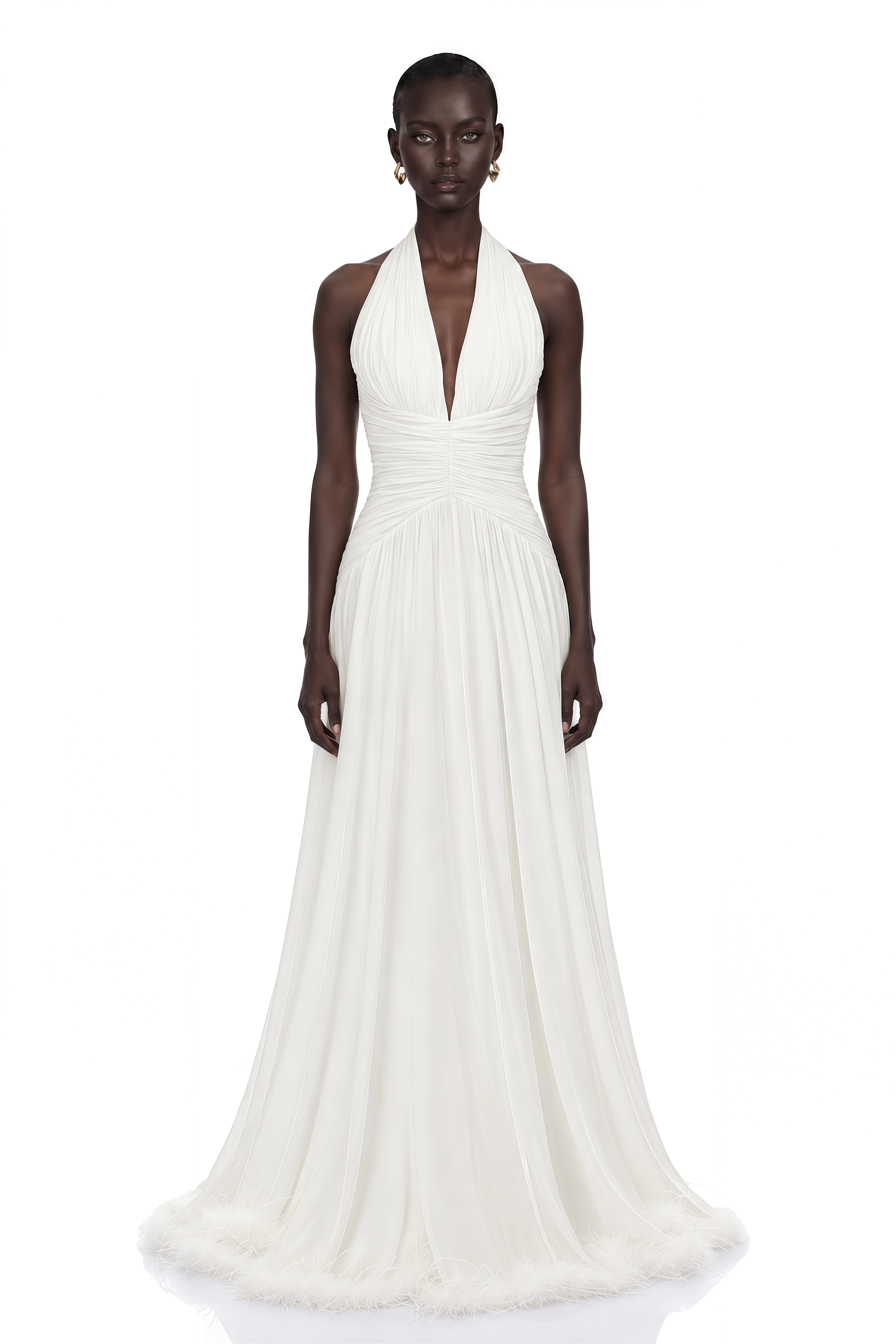 Ramona White Feather Hem Gathered Maxi Dress