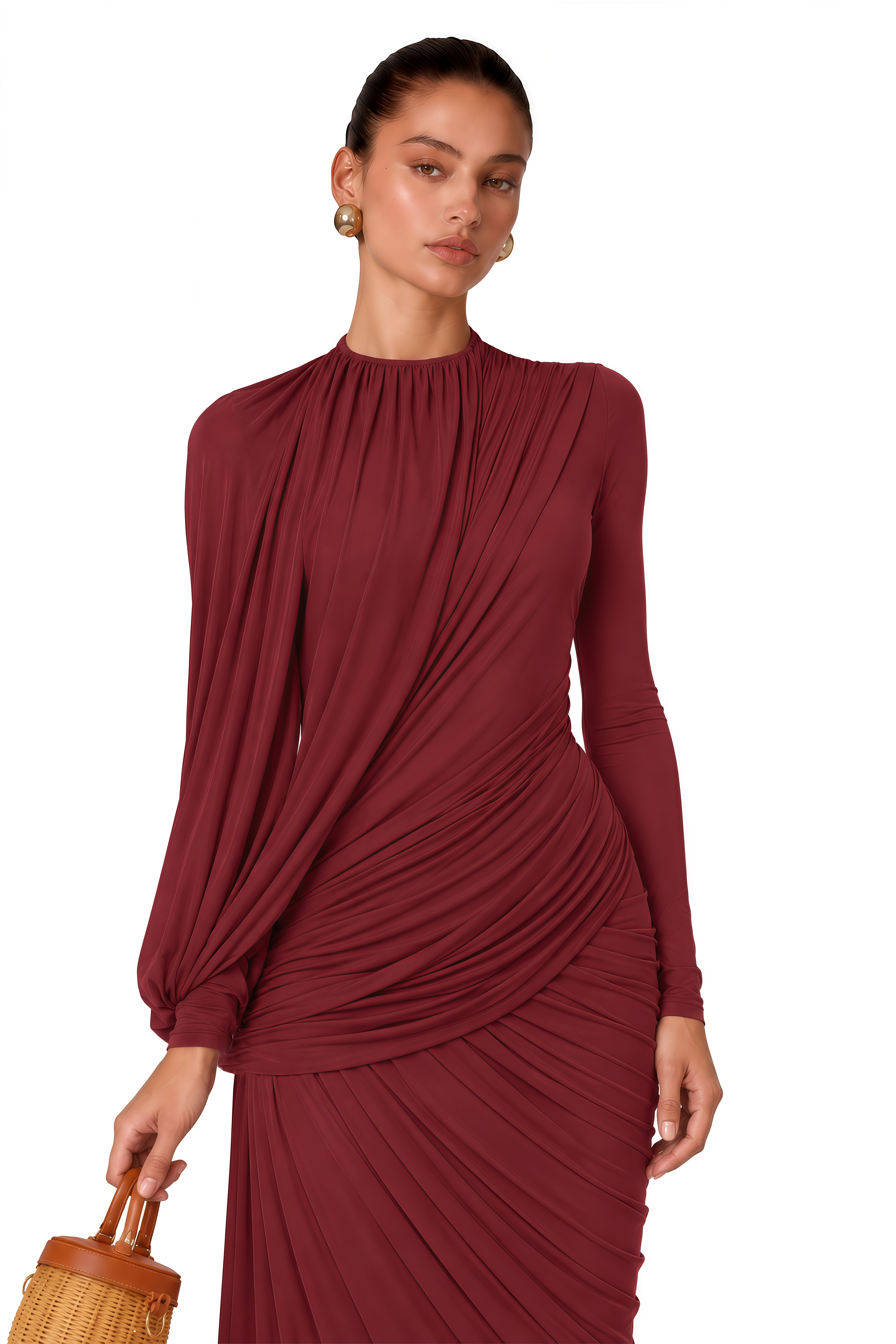 Arlette Red Asymmetrical Ruched Maxi Dress