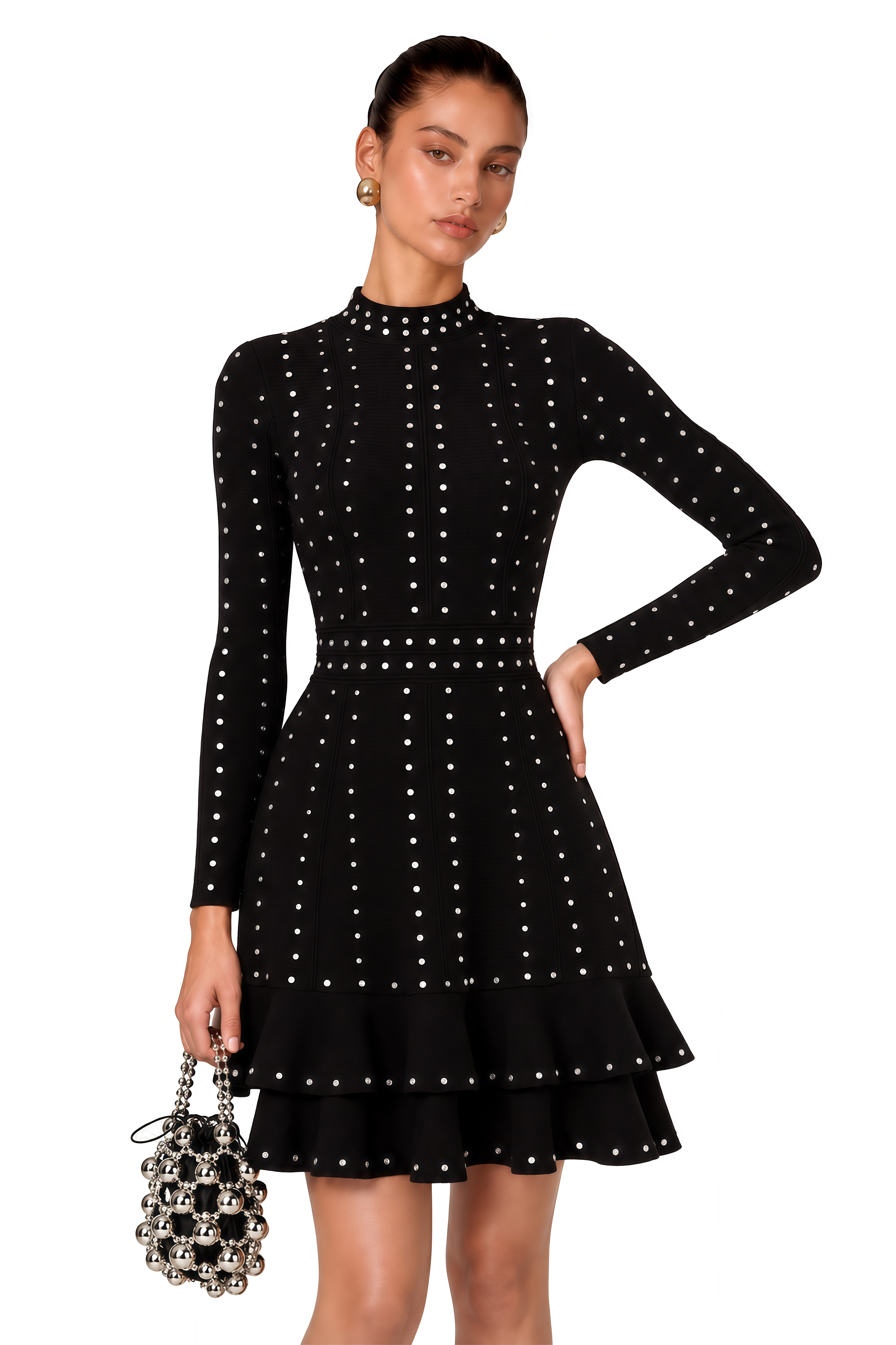 Fabienne Black Embellished Ruffled Knitted Mini Dress