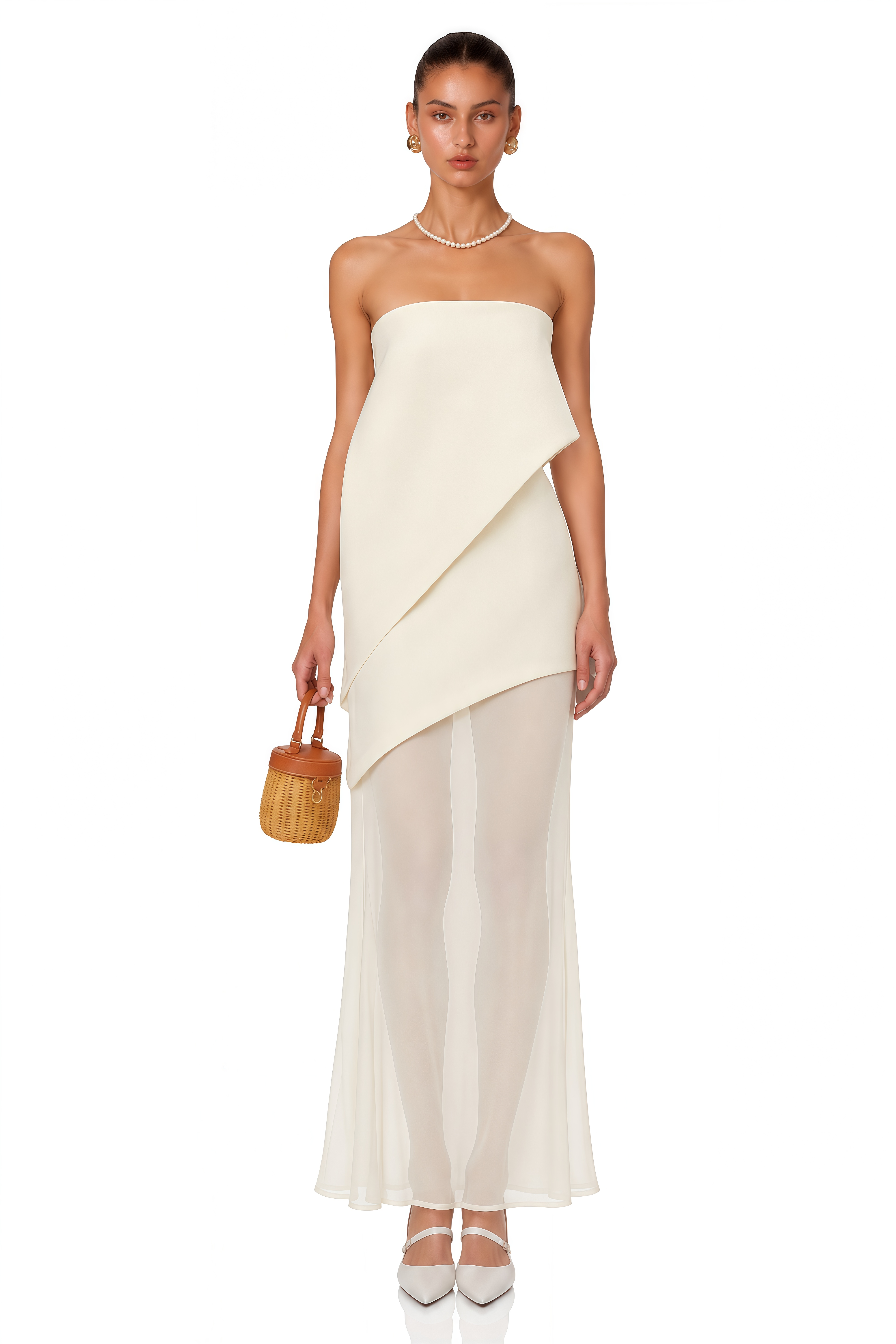 Idalina Ivory White Asymmetrical Mesh Maxi Dress
