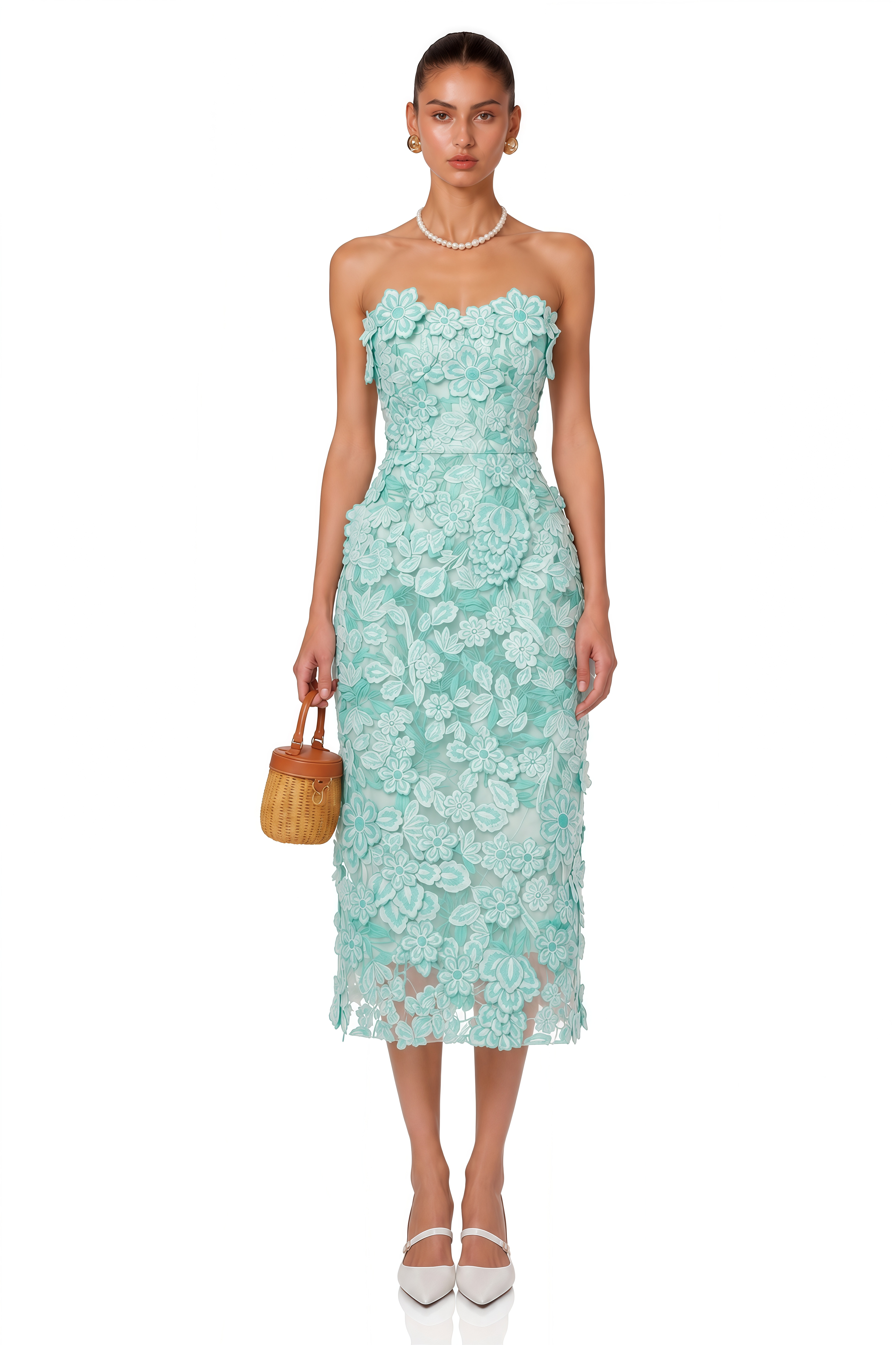 Duygu Green Off Shoulder Midi Dress with 3D Florals