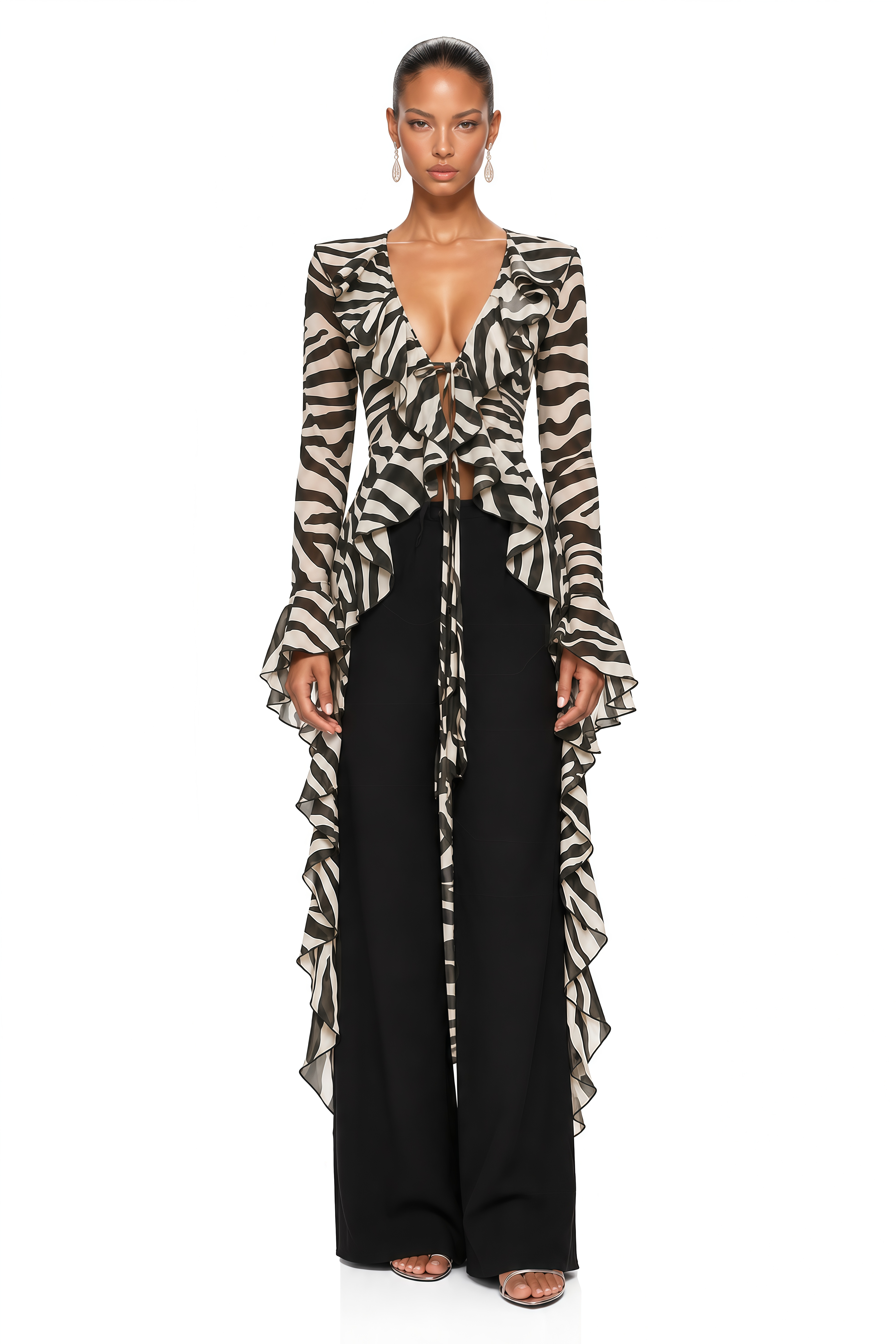Kerensa Black Zebra Print Ruffle Tie Front Longline Blouse