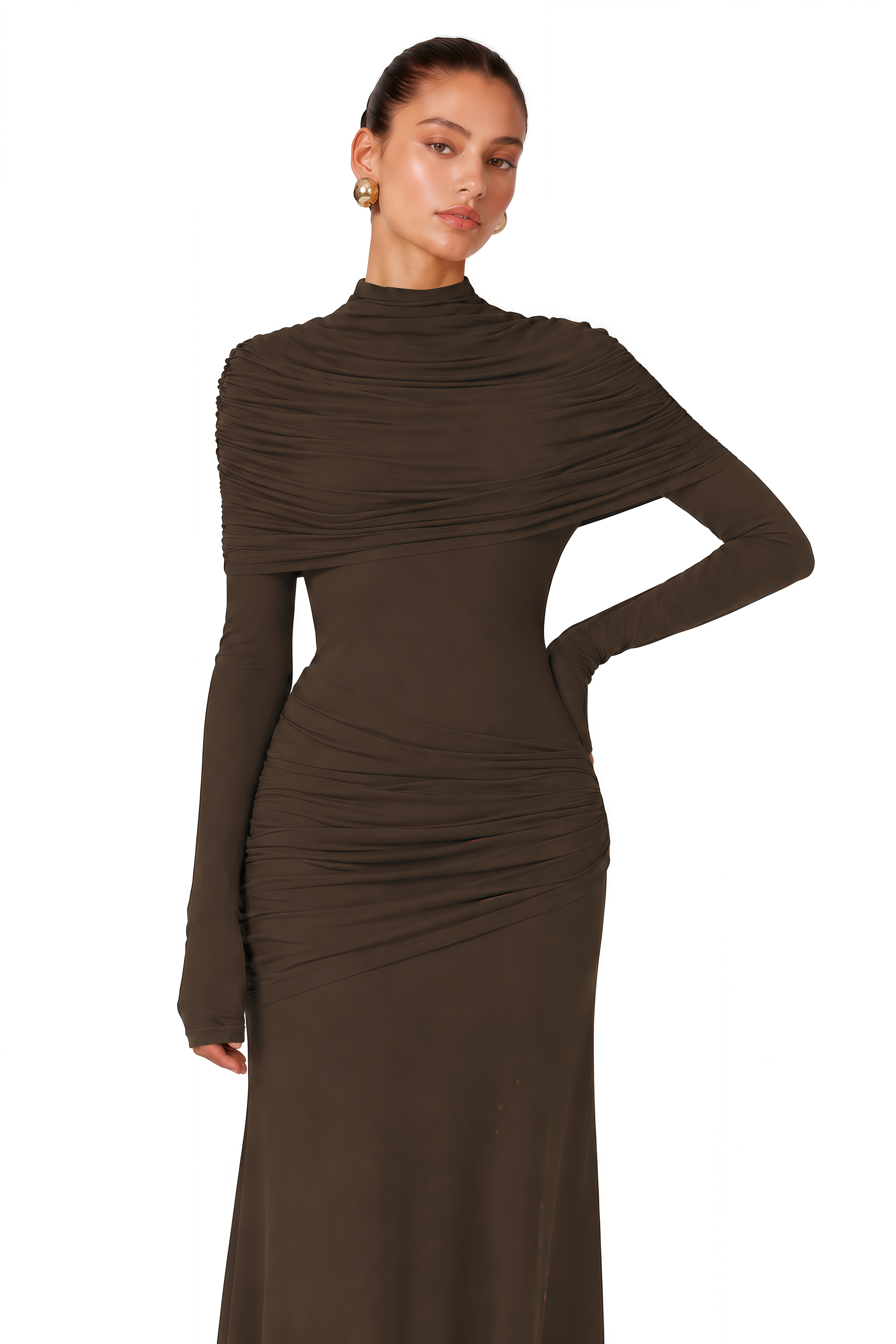 Éléna Brown Cape Design Ruched Maxi Dress