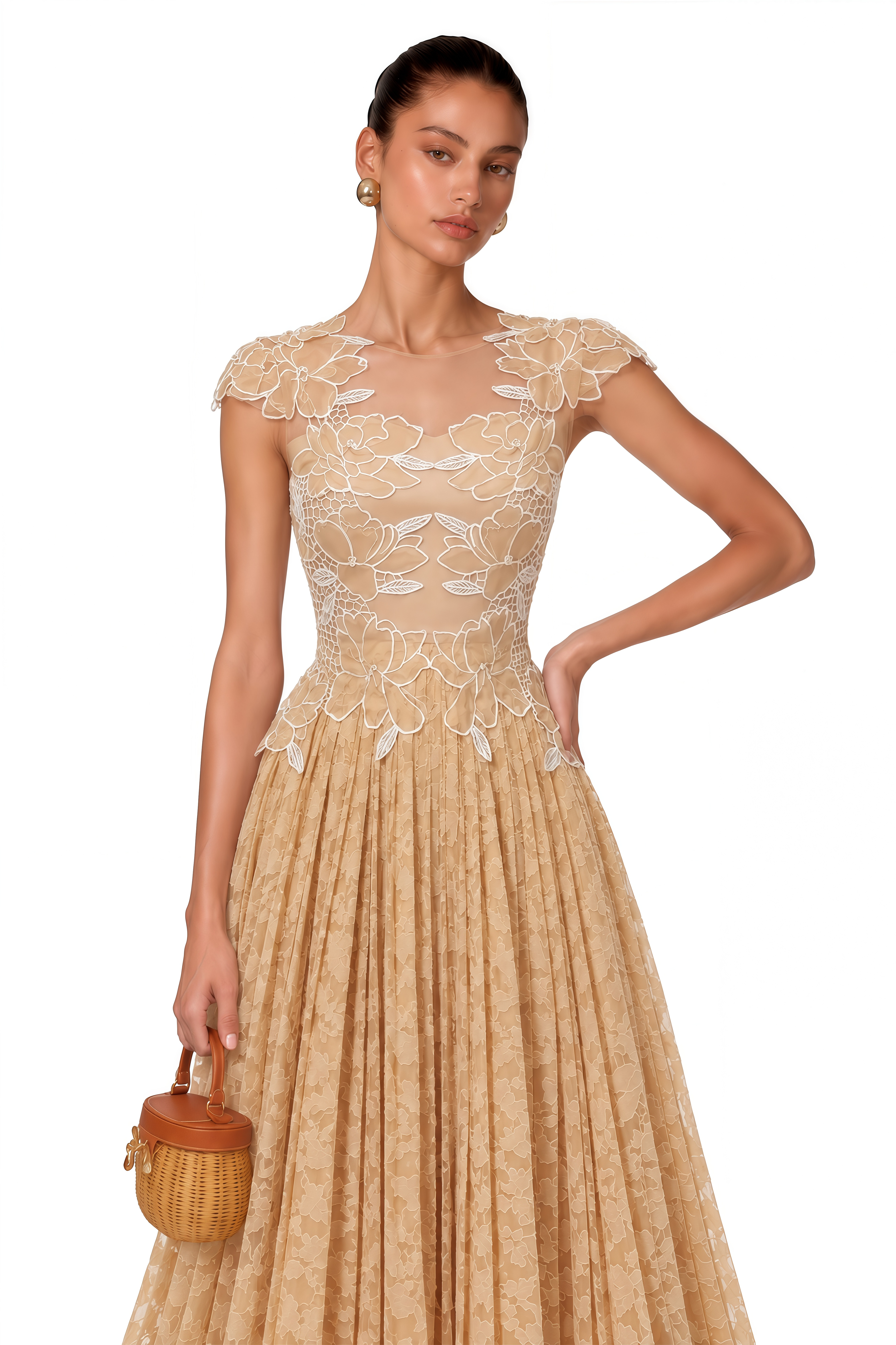 Vonda Neutral Floral Lace Pleated Midi Dress