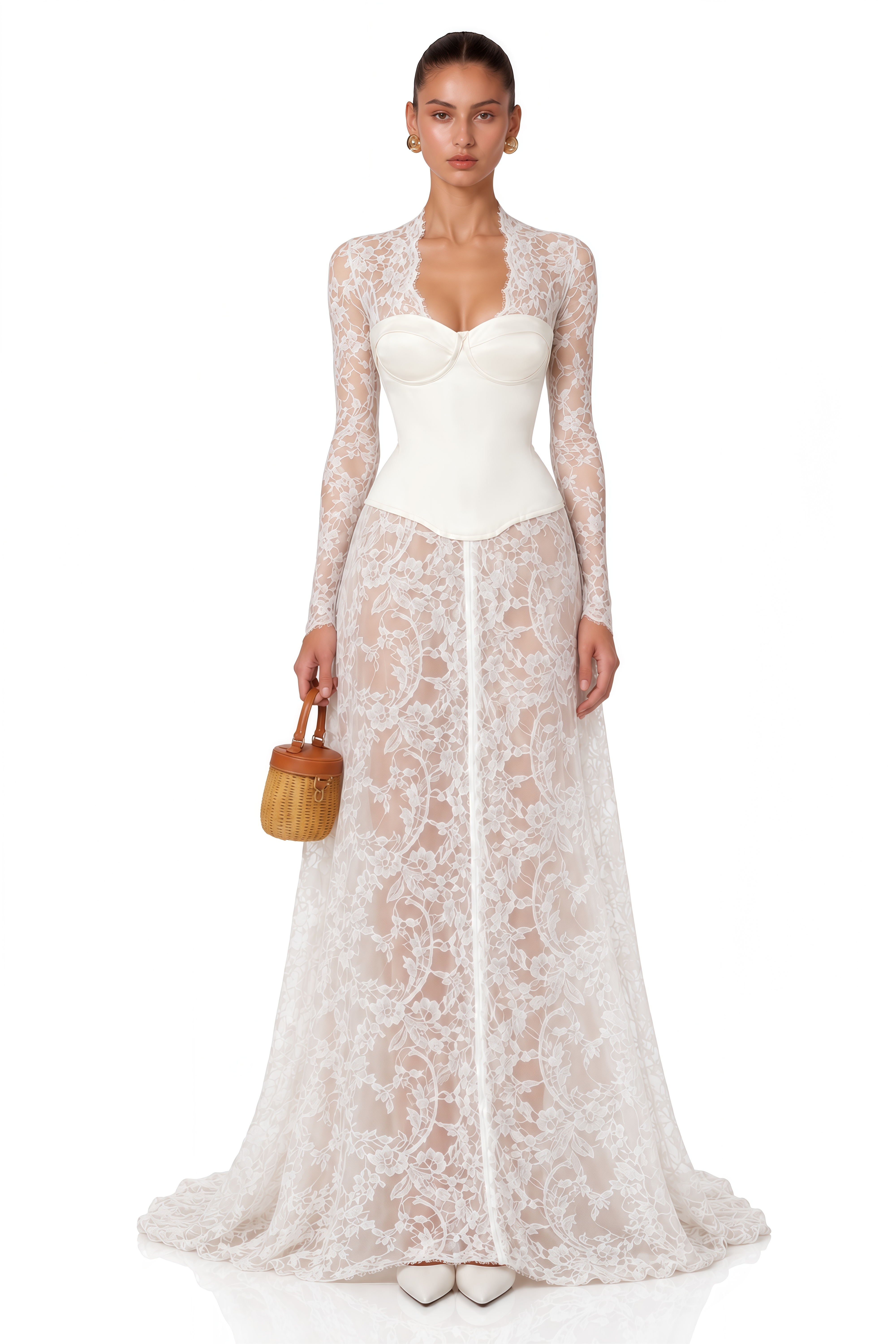 Bethany White Asymmetrical Lace Maxi Dress