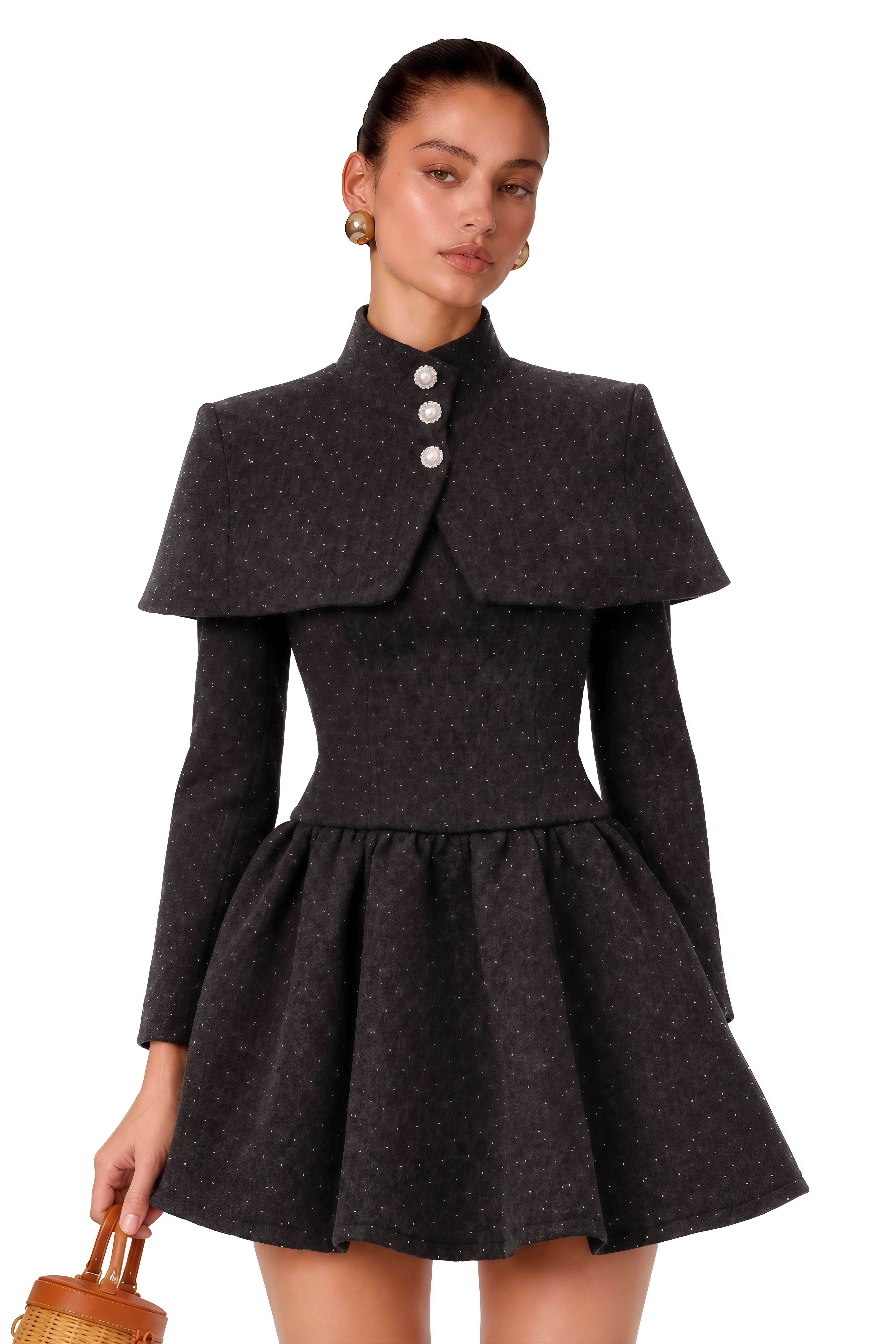Indira Grey Polka Dot Woolen Cape & Dress Set