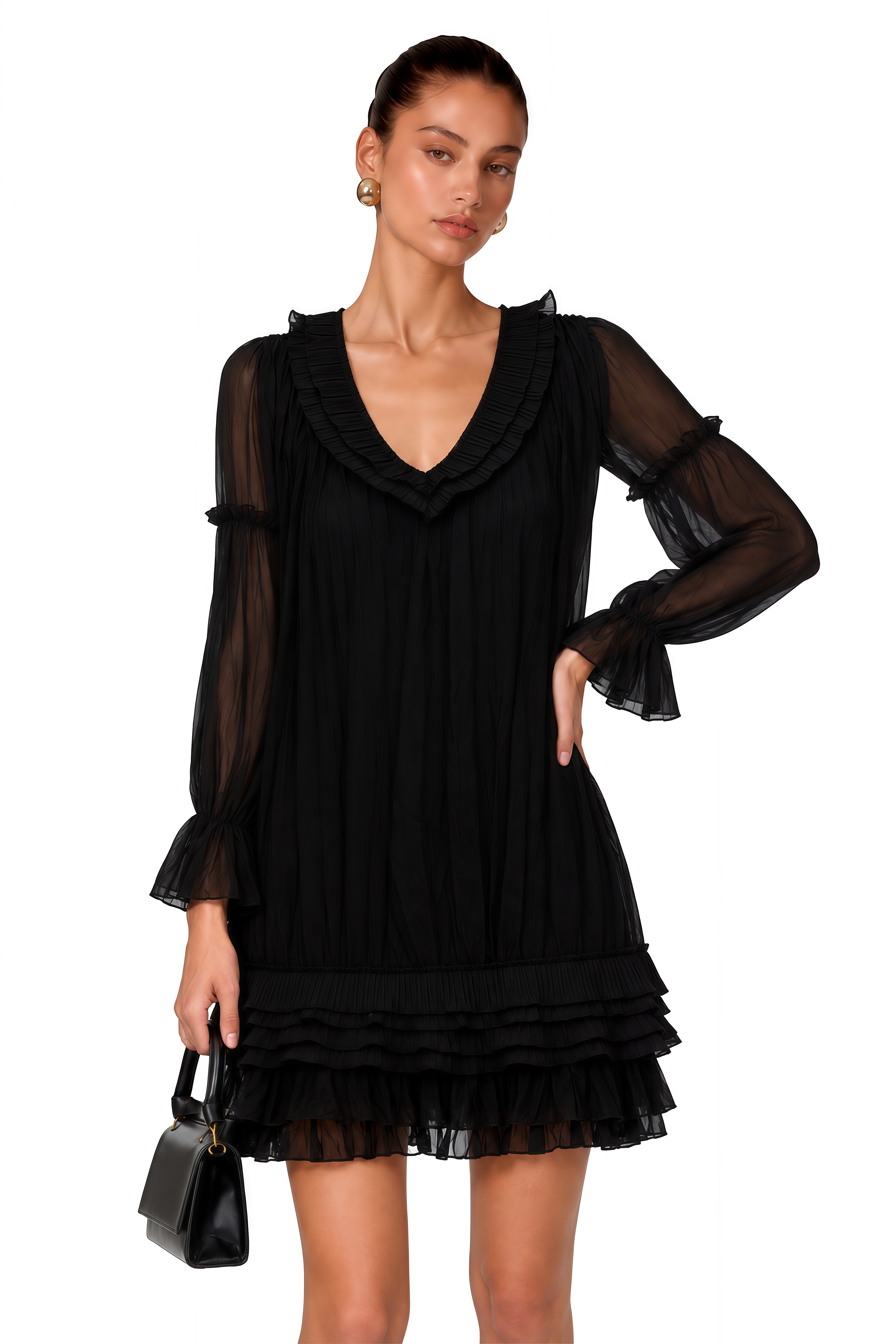 Belladonna Black V-Neck Tiered Mini Dress with Puff Sleeves