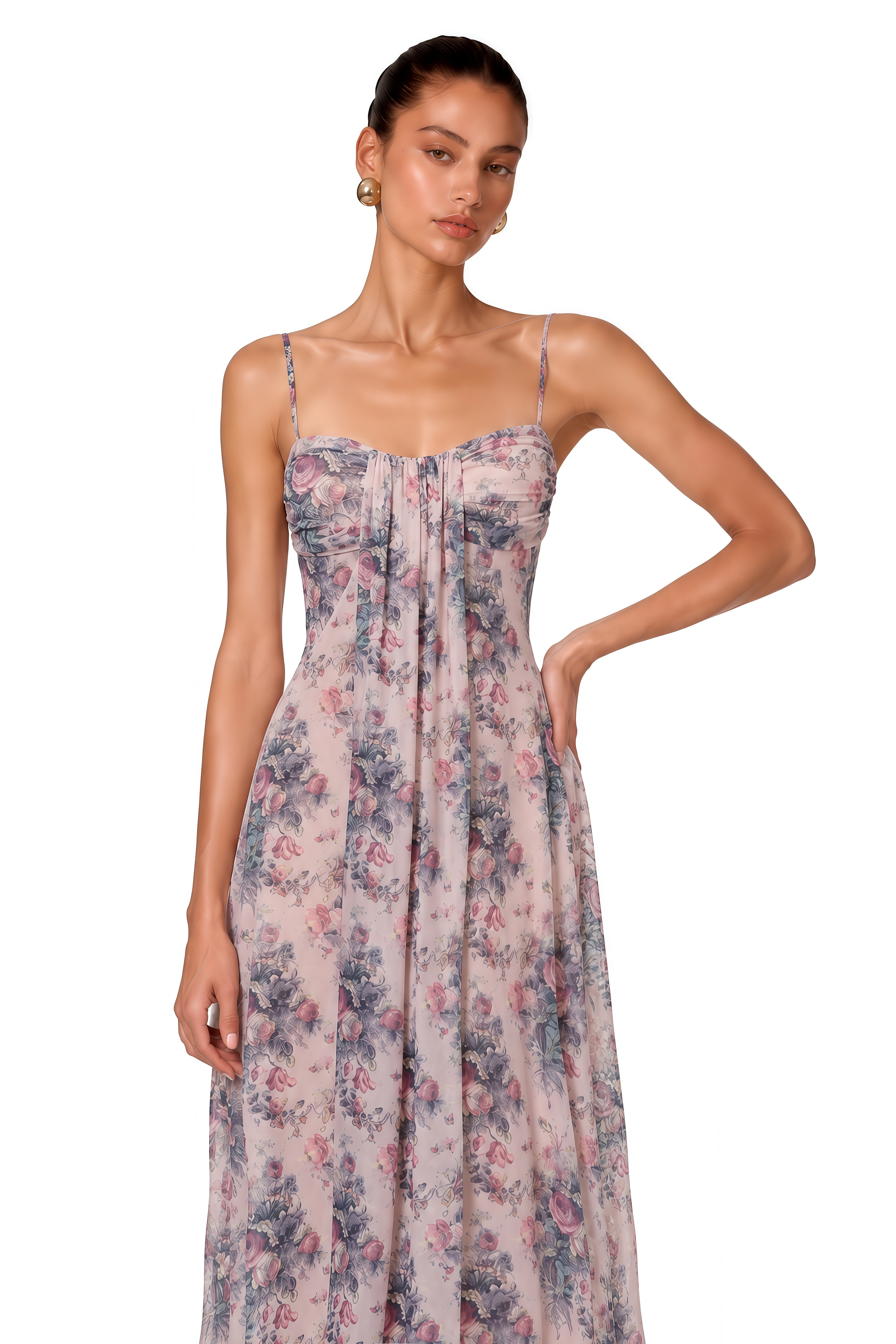 Hahana Pink Floral Print Sweetheart Maxi Dress