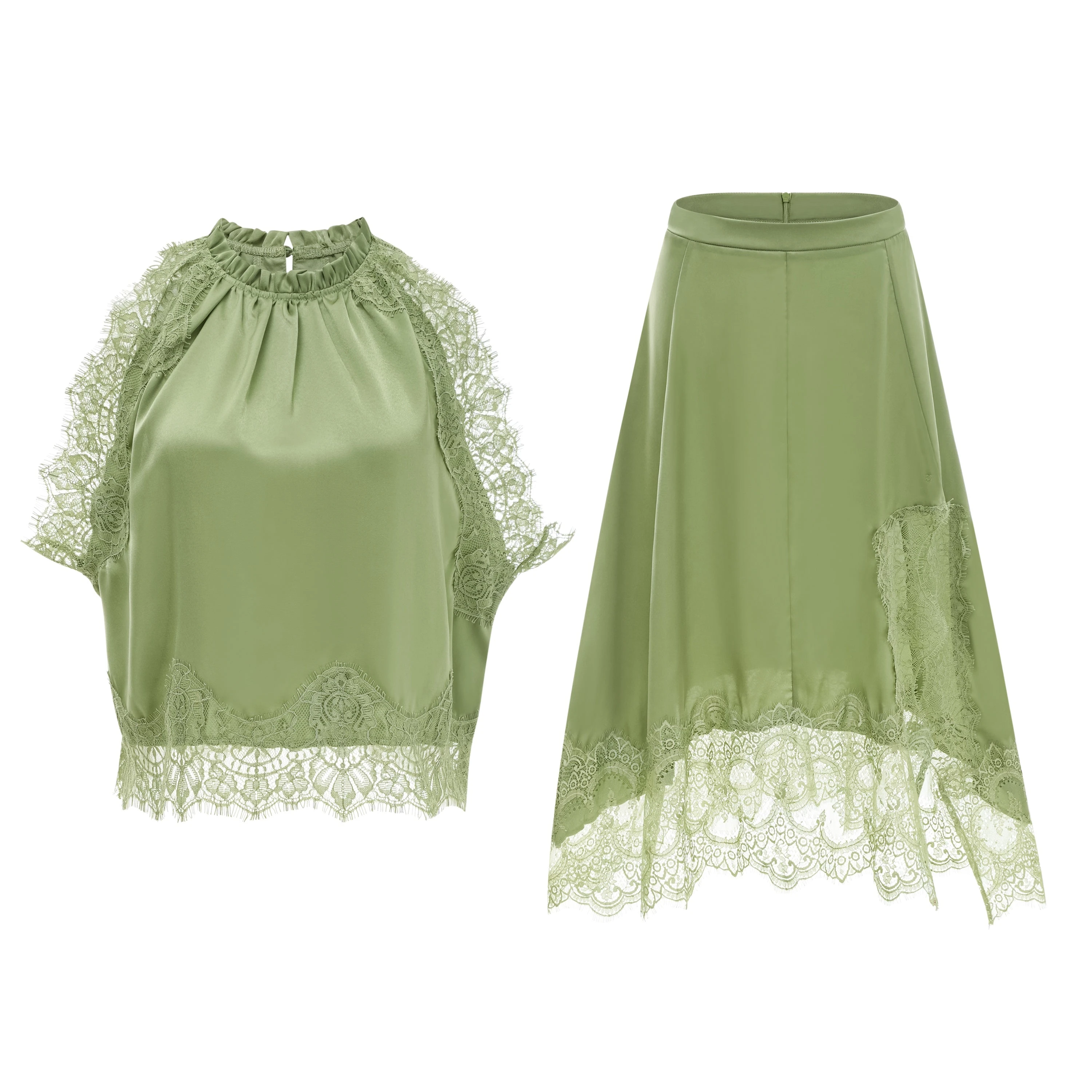 Lace Top & Lace Hankerchief Skirt in Sage