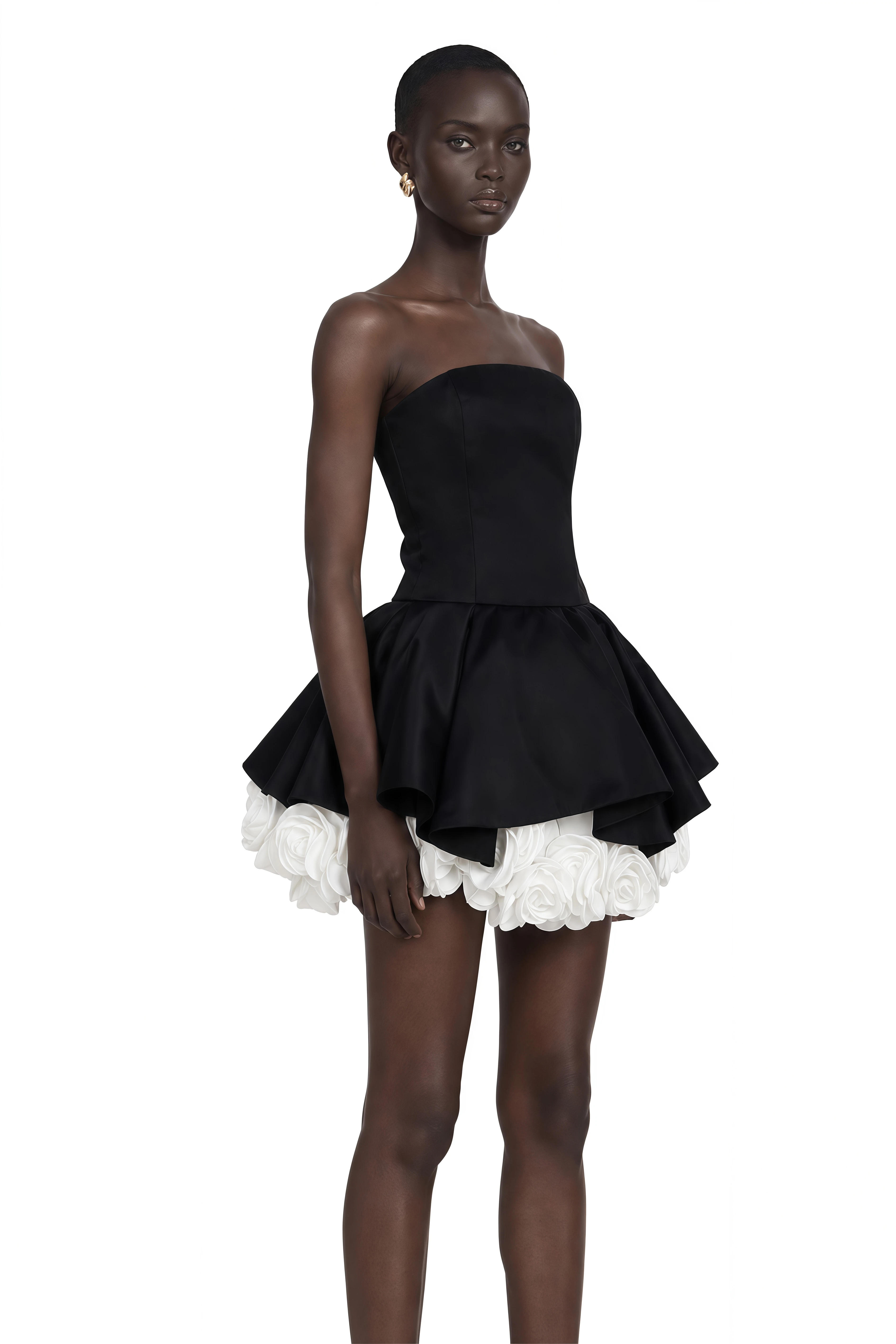 Lucie Black Petal-Layered Strapless Corset Mini Dress