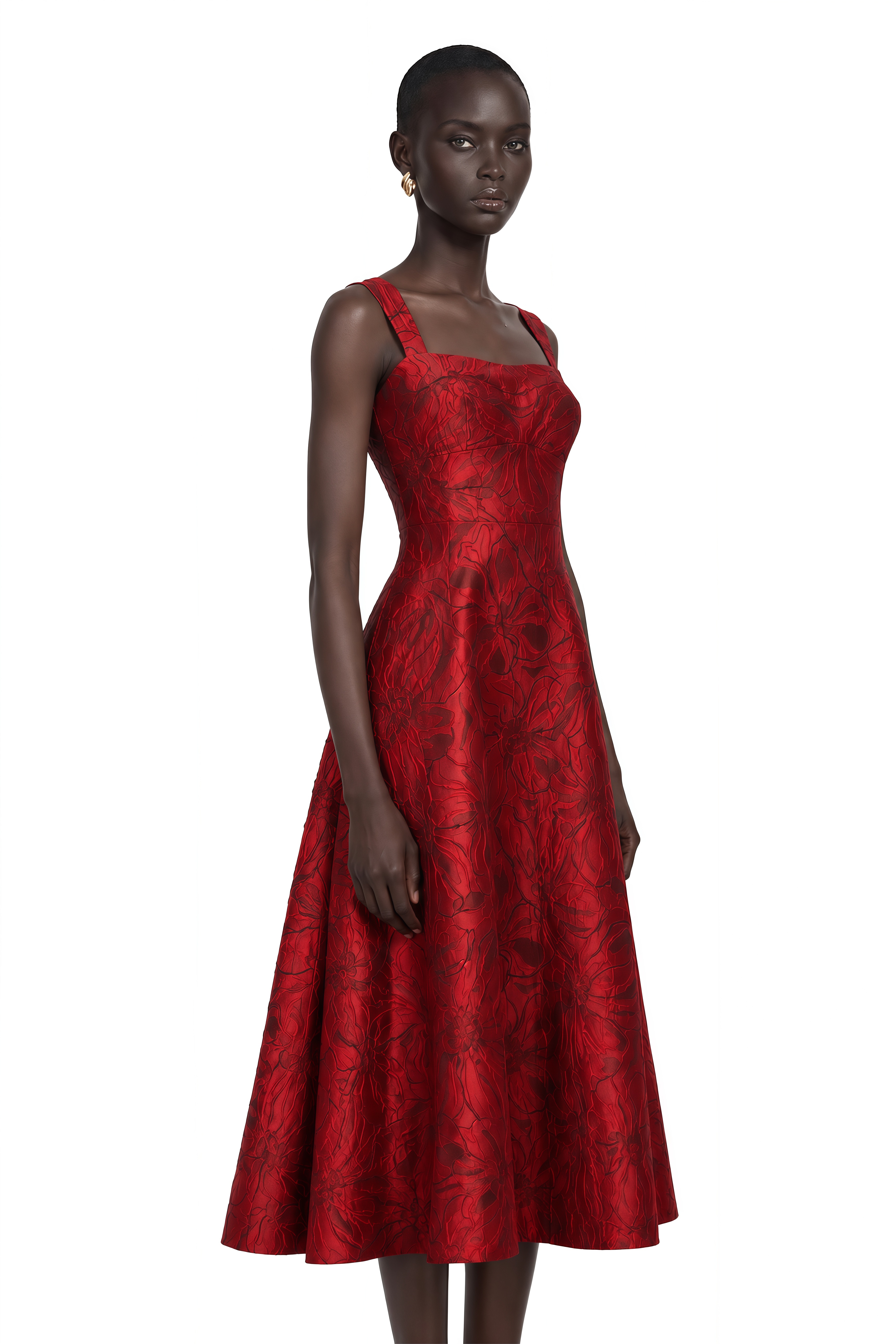 Hélène Red Floral-Jacquard Midi Dress