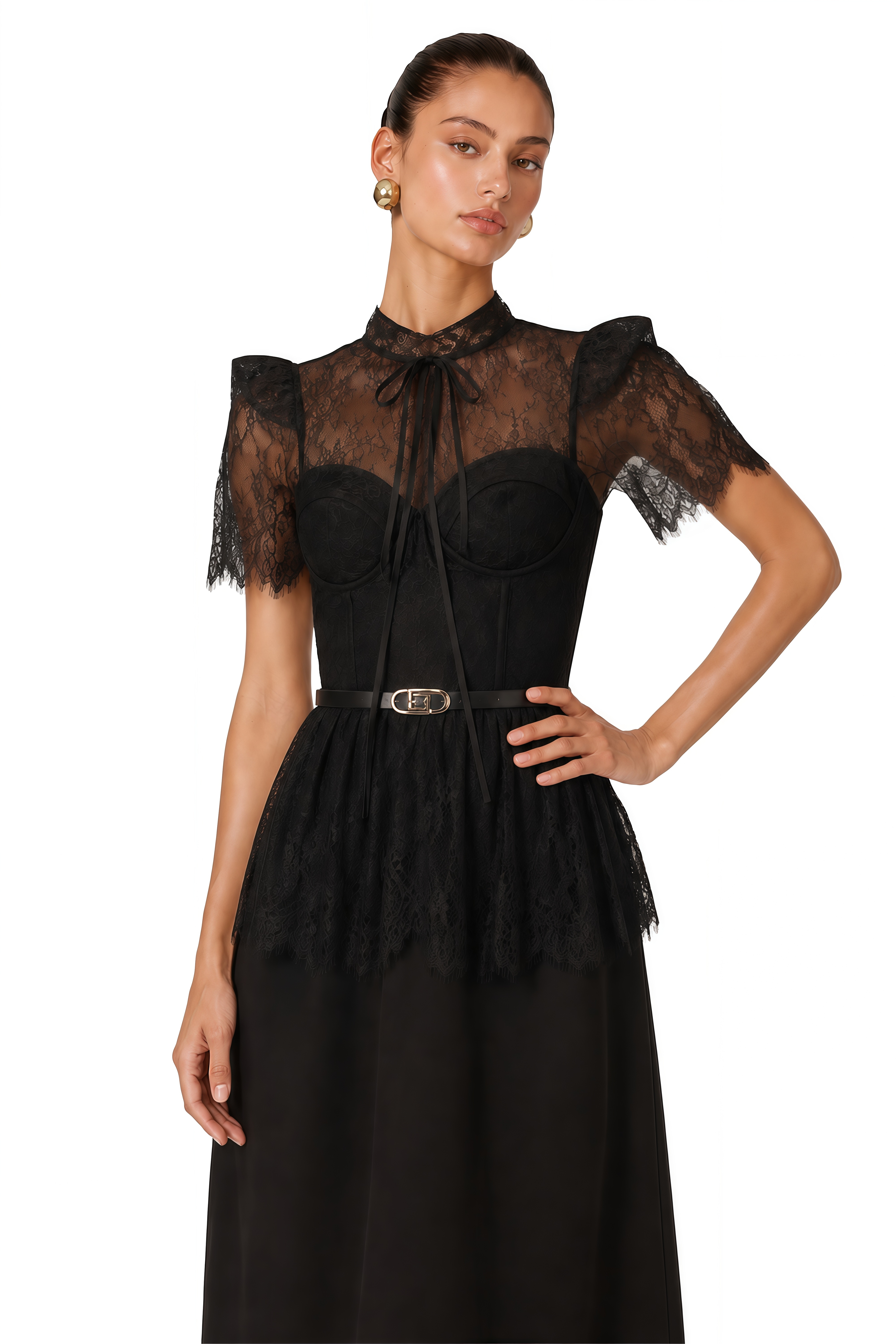 Thérèse Black Guipure-Lace Paneled Midi Dress (Without belt)