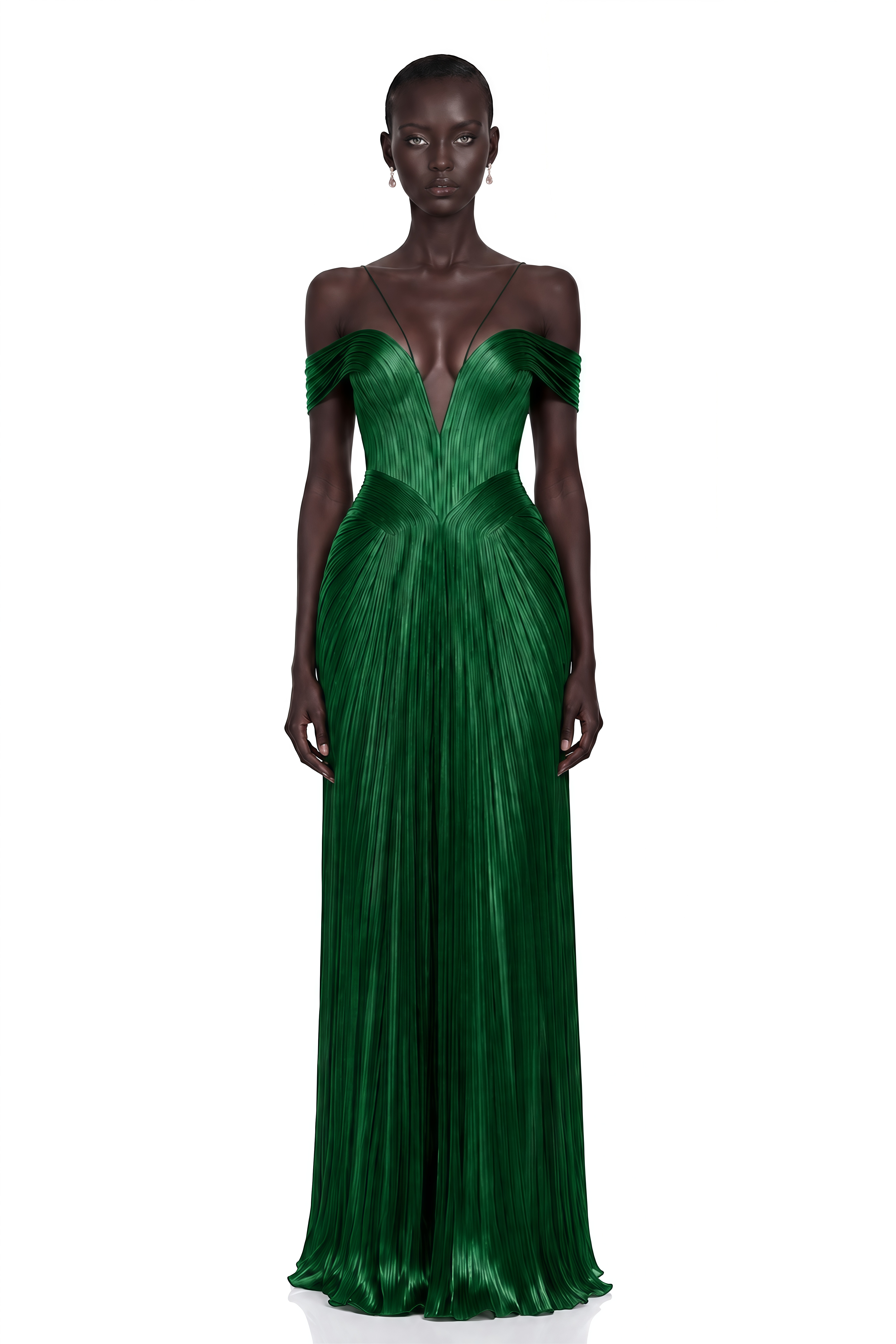 Marise Green Draped Pleated Maxi Dress