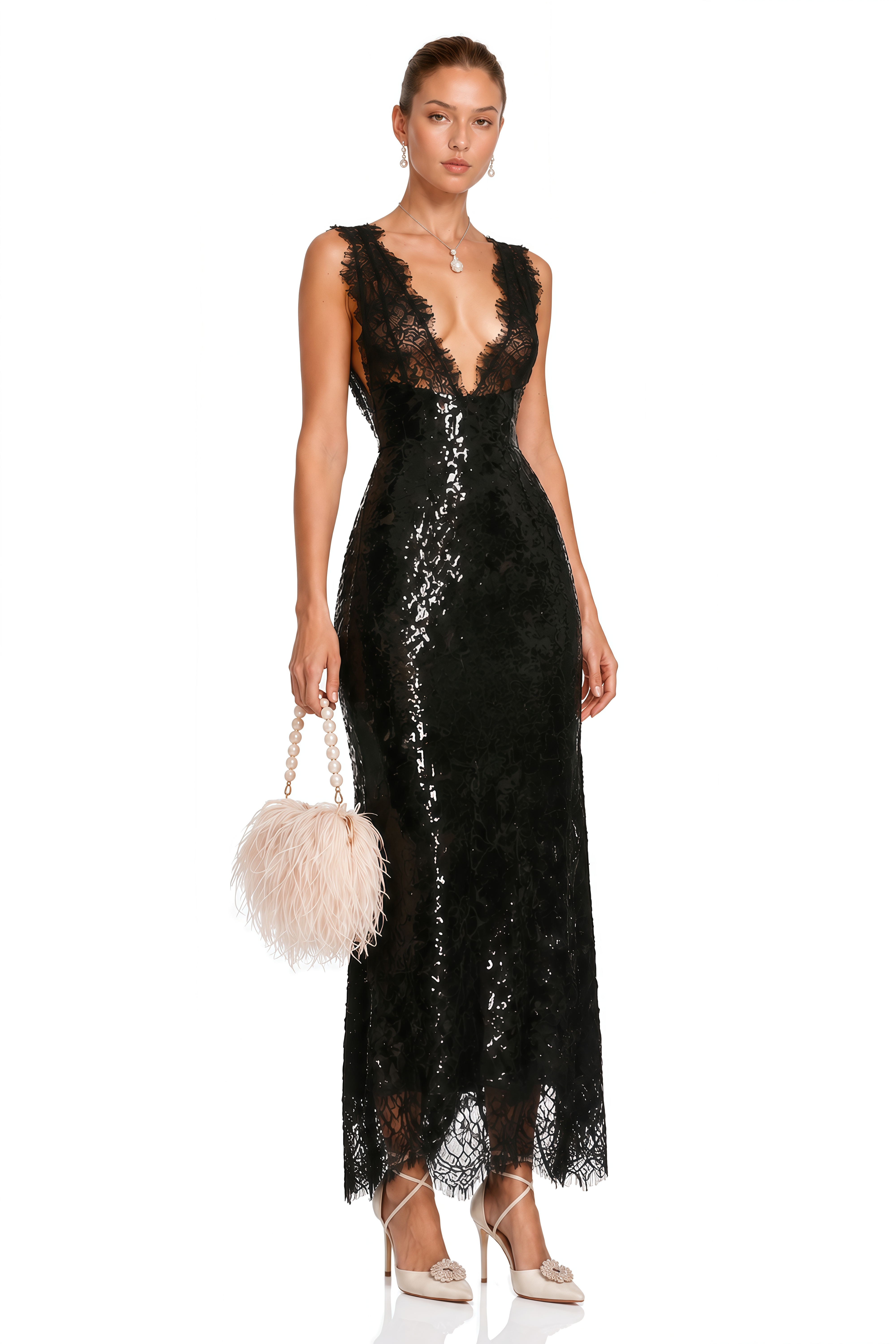 Ava Black Lace Panel Sequined Maxi Dress