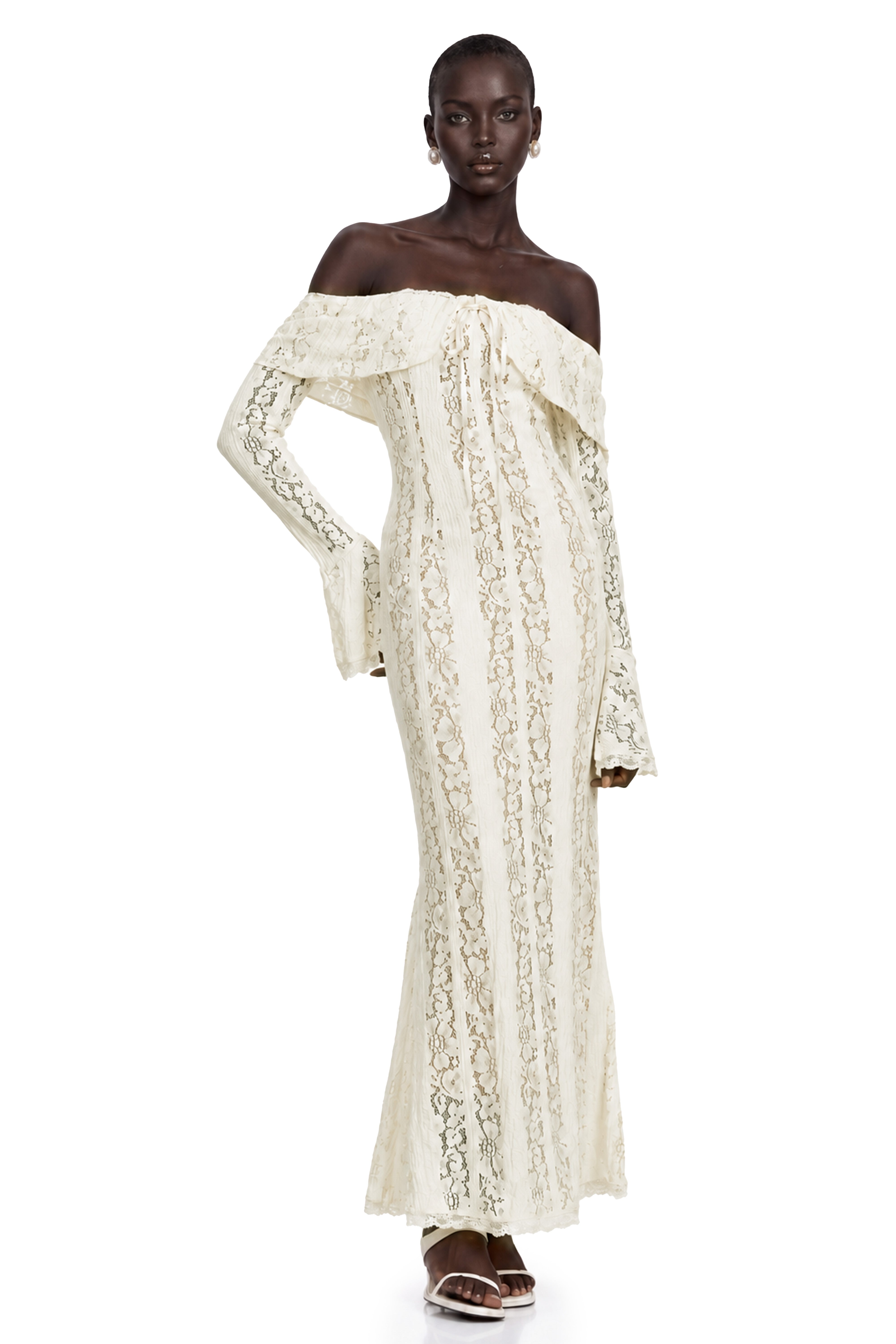 Émeline Floral Lace Flared-Cuff Maxi Dress in Neutrals – Miss