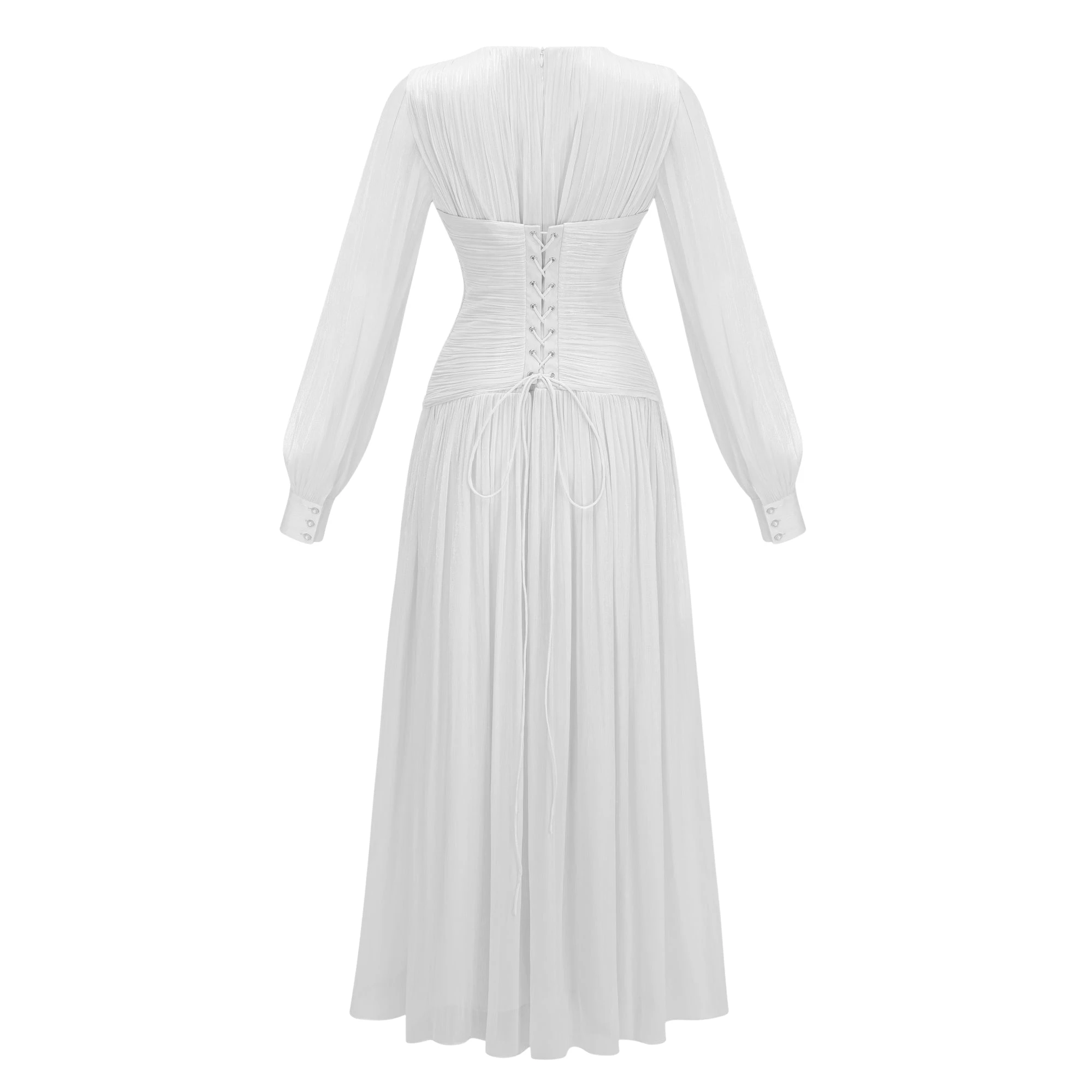 White maxi dress with a ruched bodice, round neckline, and long sheer sleeves